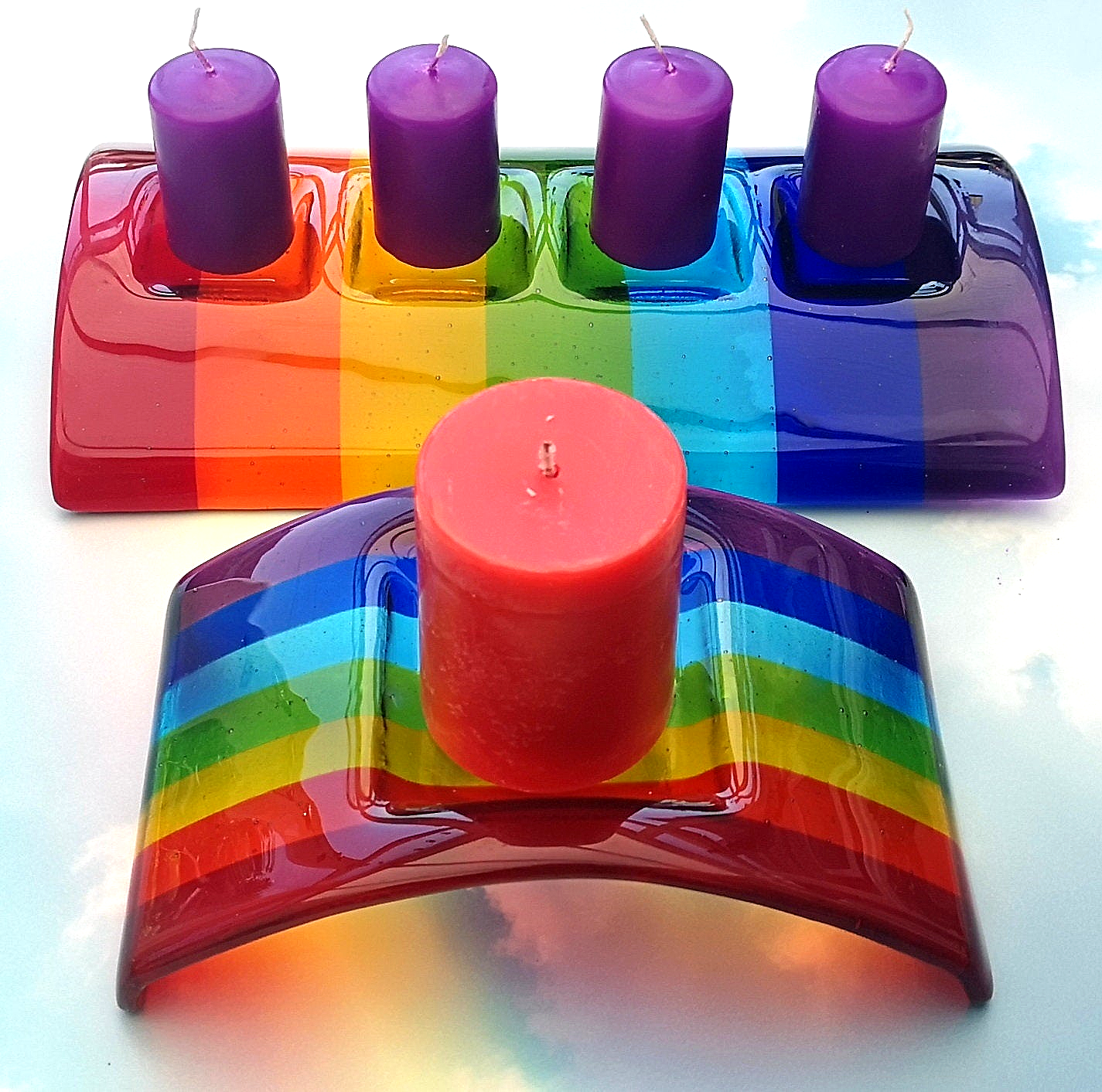 Handmade fused glass curved rainbow bridge candle holder. Free standing rainbow arch tealight candle holder. Brightly coloured glass gift. Suncatcher, light catcher. Gift for pet loss, remembrance.