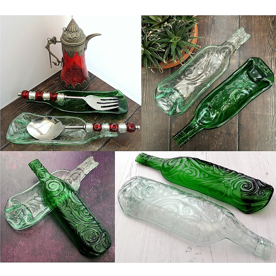 Handmade fused glass Recycled Wine Bottle Spiral Pattern Dish. Squashed Slumped Bottle Serving Plate - Eco Gift Zero Waste Reclaimed Upcycled - Spoon Rest.