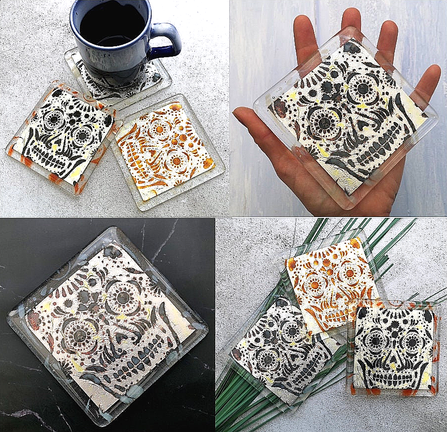 Handmade fused glass sugar skull on silver drinks coaster. Day of the dead pattern design, glass wall tile, hot drink table mat, Mexican skull gift. Embedded pure silver foil, home decoration, dining table protection. Dia de Los Muertos, La Calavera Catrina halloween spooky gift.