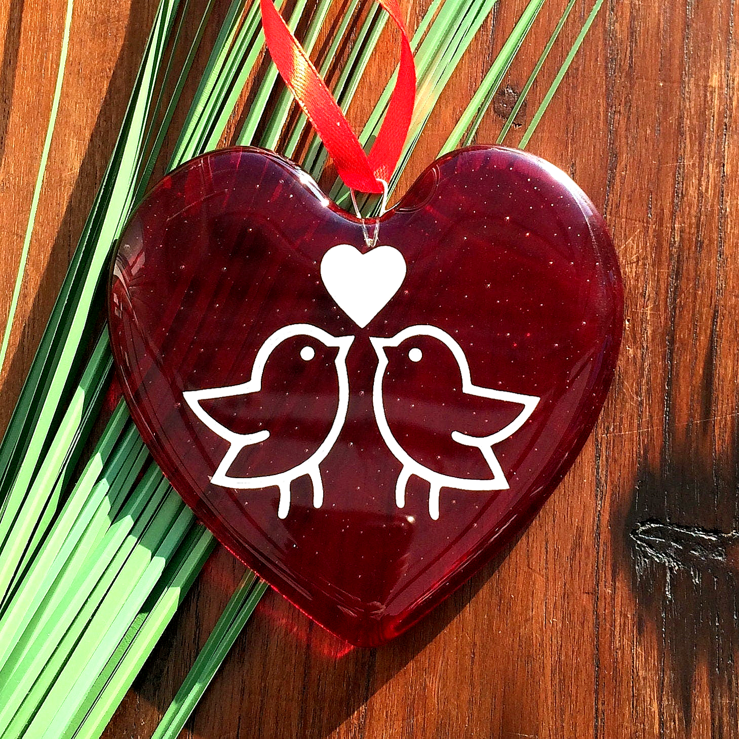 Handmade fused glass Red Personalised Love Heart Hanging Decoration. Hand painted design. Valentine suncatcher gift. Romantic, love, message from the heart present. Girlfriend, boyfriend, partner, husband, wife, Mum, friend.