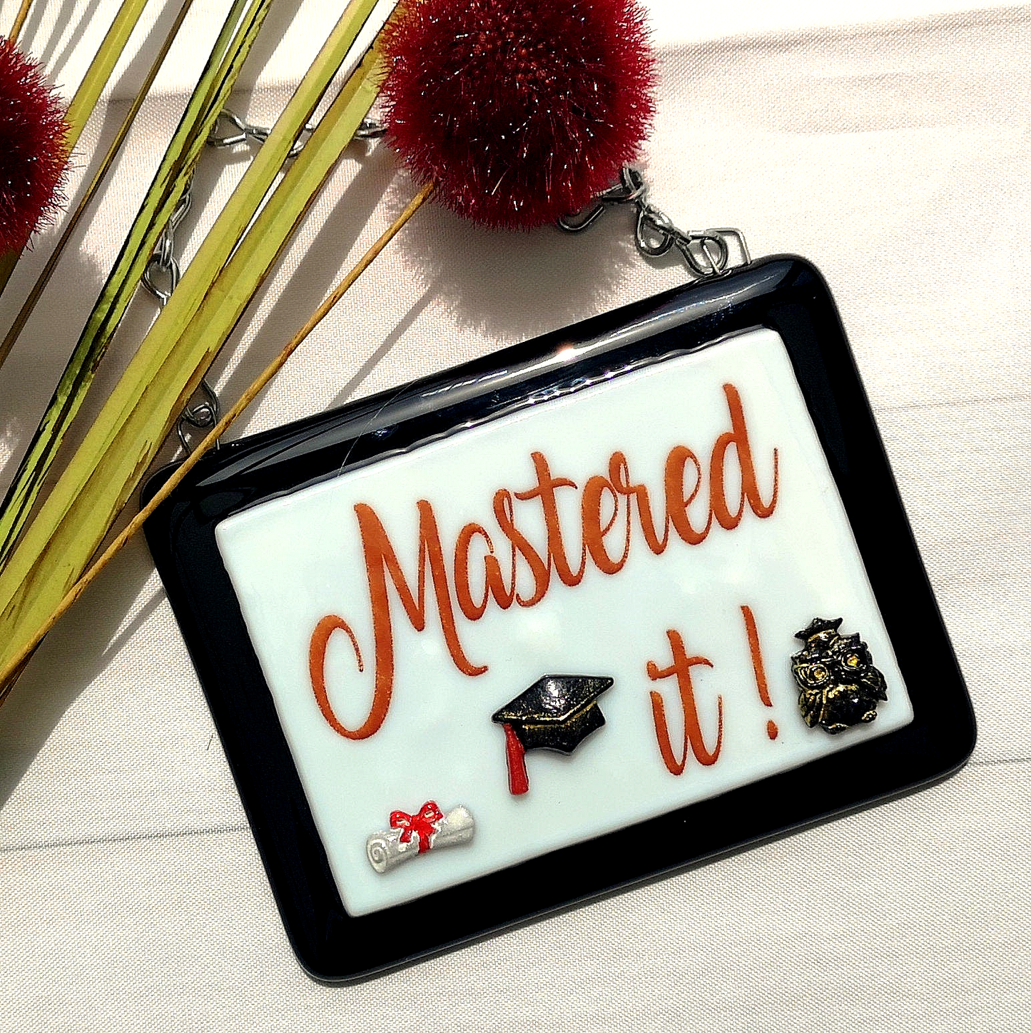 Handmade fused glass 'Mastered It' hanging picture. Custom, customised decoration award present. Personalised name gift for graduate, masters, doctorate degree. Name plaque certificate. Congratulations graduation.