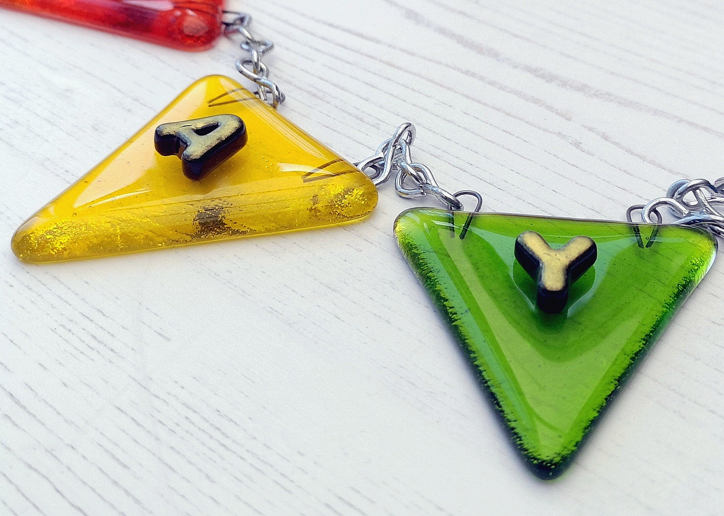 Handmade fused glass personalised name bunting. Customised 3D name plaque. Child's name door sign. Colourful glass bunting, name plate, new baby gift. Expecting Mum present.