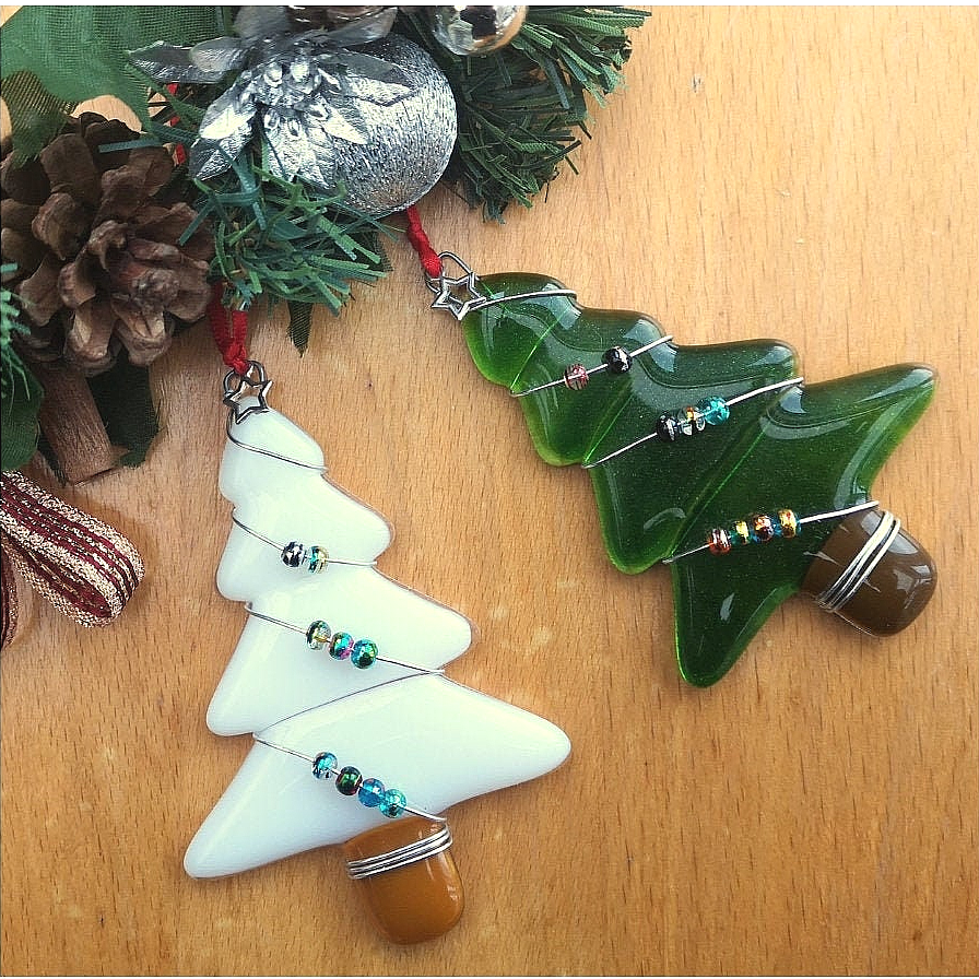 Handmade fused glass Christmas tree hanging decoration, wire wrapped glass beads, Xmas tree ornament, holiday decor, Christmas gift, festive present
