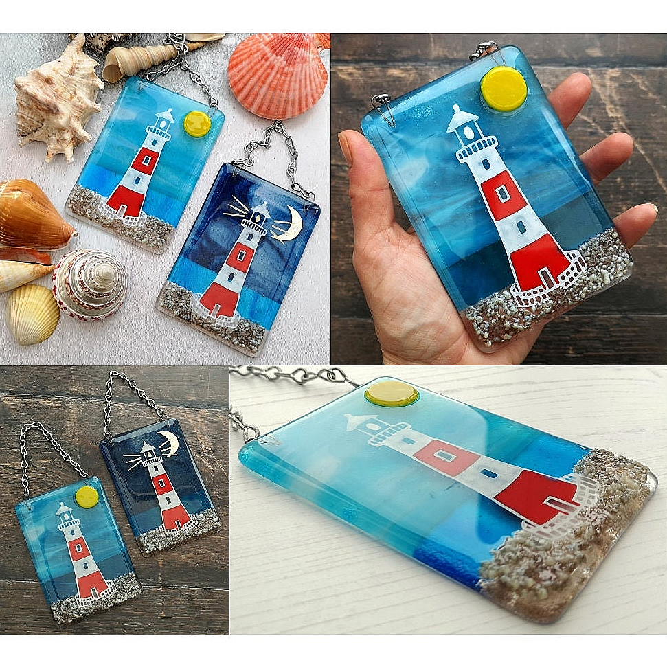 Handmade fused glass 3D Lighthouse Hanging Picture. Seaside suncatcher wall art, beach gift decoration, sea ocean scene with glass pebbles, red & white light house, sun and blue sky or silver moon and night sky.