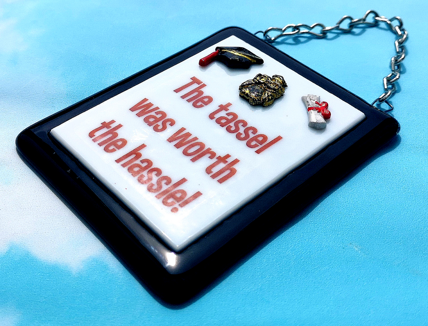 Handmade fused glass 'The tassel was worth the hassle' hanging picture. Custom, customised decoration award present. Personalised name gift for graduate, masters, doctorate degree. Name plaque certificate. Congratulations graduation.