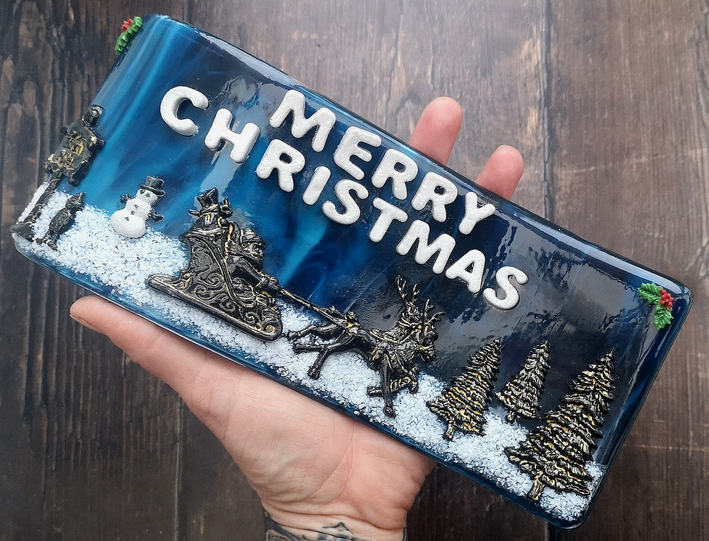 Handmade fused glass 3D merry Christmas free standing curved picture decoration, festive present, santa sleigh, reindeer north pole elf Xmas scene