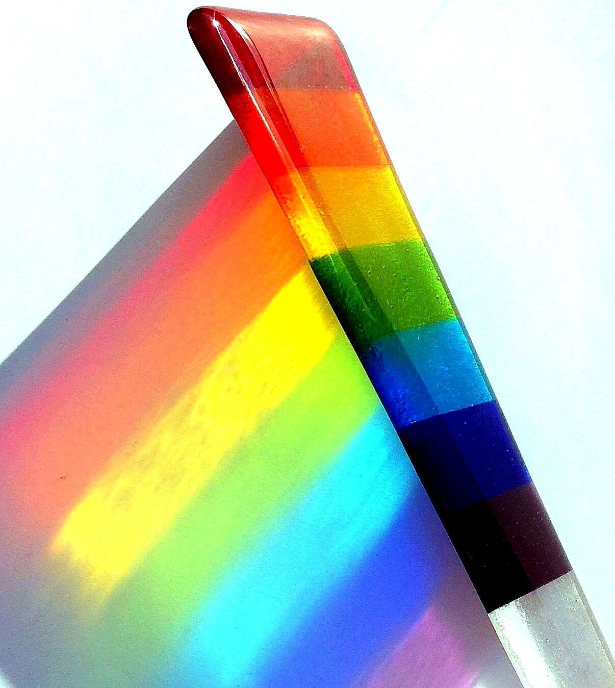 Handmade fused glass rainbow plant pot suncatcher. Colourful plant marker ornament. Rainbow striped plant stake. Herb, vegetable, flower, fruit garden.