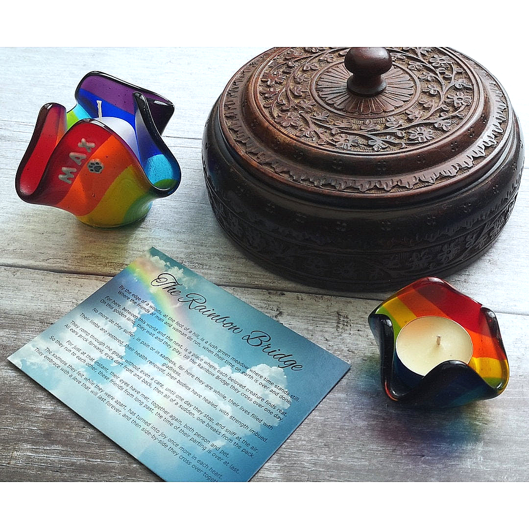 Handmade fused glass rainbow tealight candle holder. 3D pet paw prints. Personalised 3D name. Brightly coloured glass gift. Suncatcher, light catcher. Gift for pet loss, remembrance.