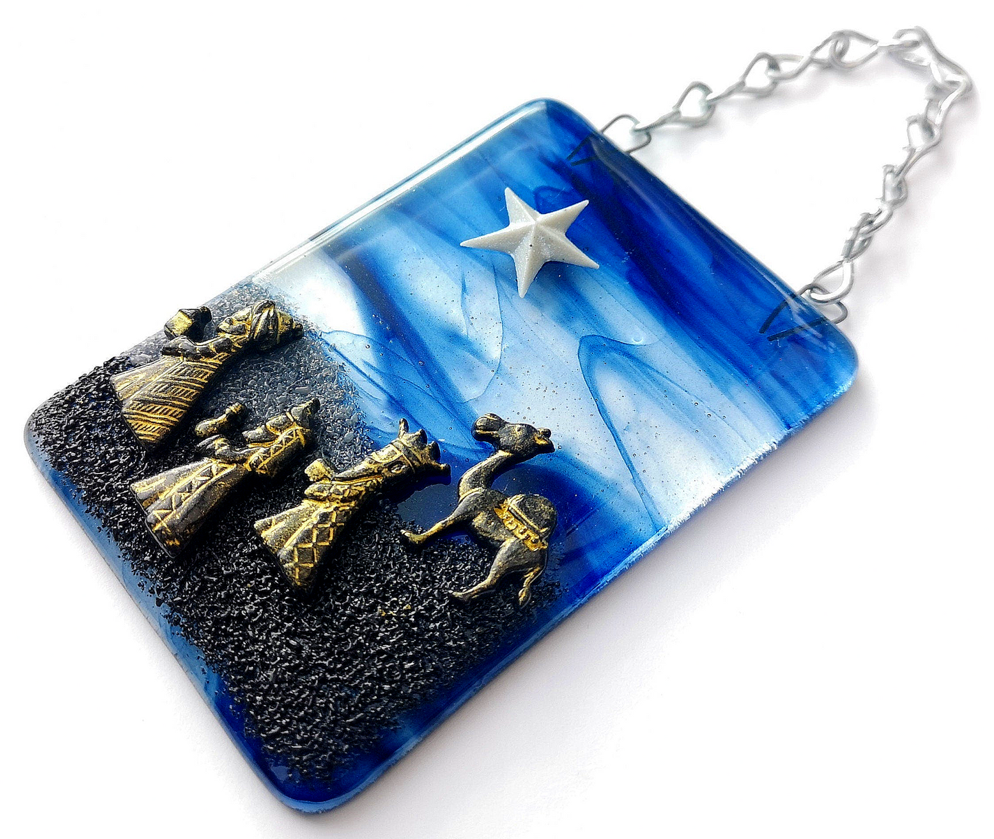 Handmade fused glass 3 wise men nativity scene hanging picture decoration, three wise men ornament, Christmas decor, festive gift, present. Follow the star.