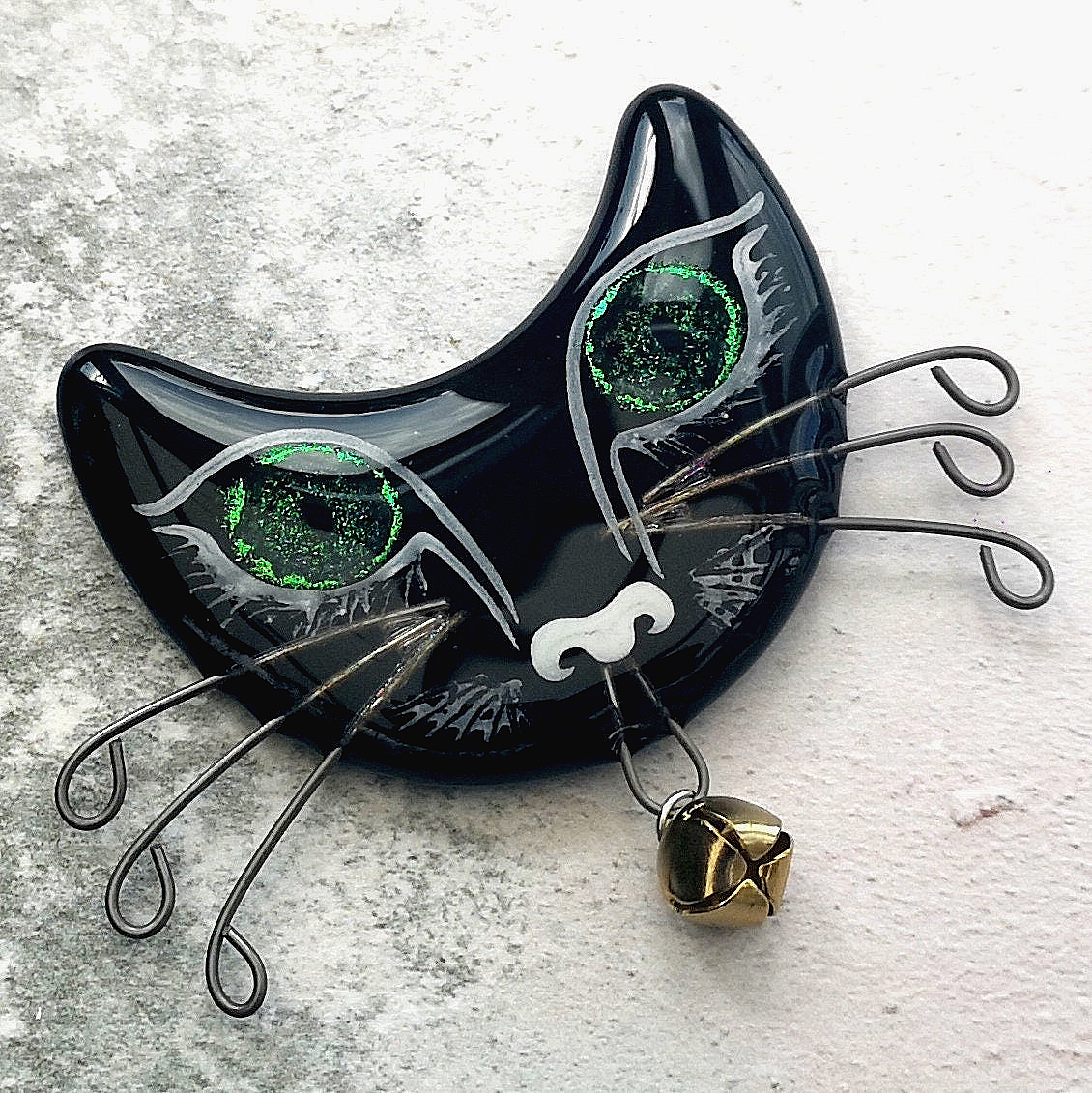 Handmade fused glass cat face fridge magnet. Reflective dichroic glass eyes. Magnetic cat lover gift, crazy cat, black cat, hand painted lucky cat.