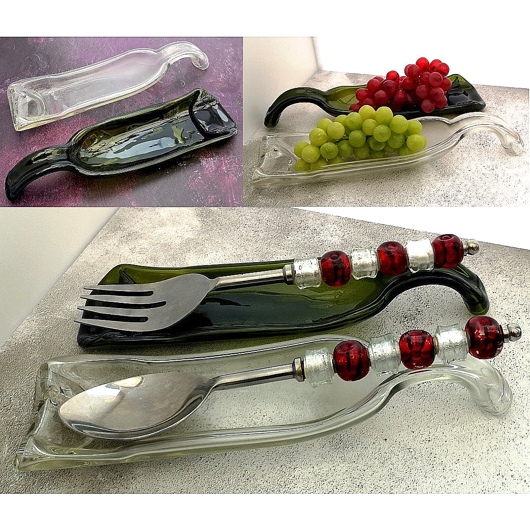 Handmade fused glass Recycled Wine Bottle Dish with curved handle. Squashed, slumped bottle serving plate. Eco gift, zero waste, reclaimed, upcycled glass bowl.