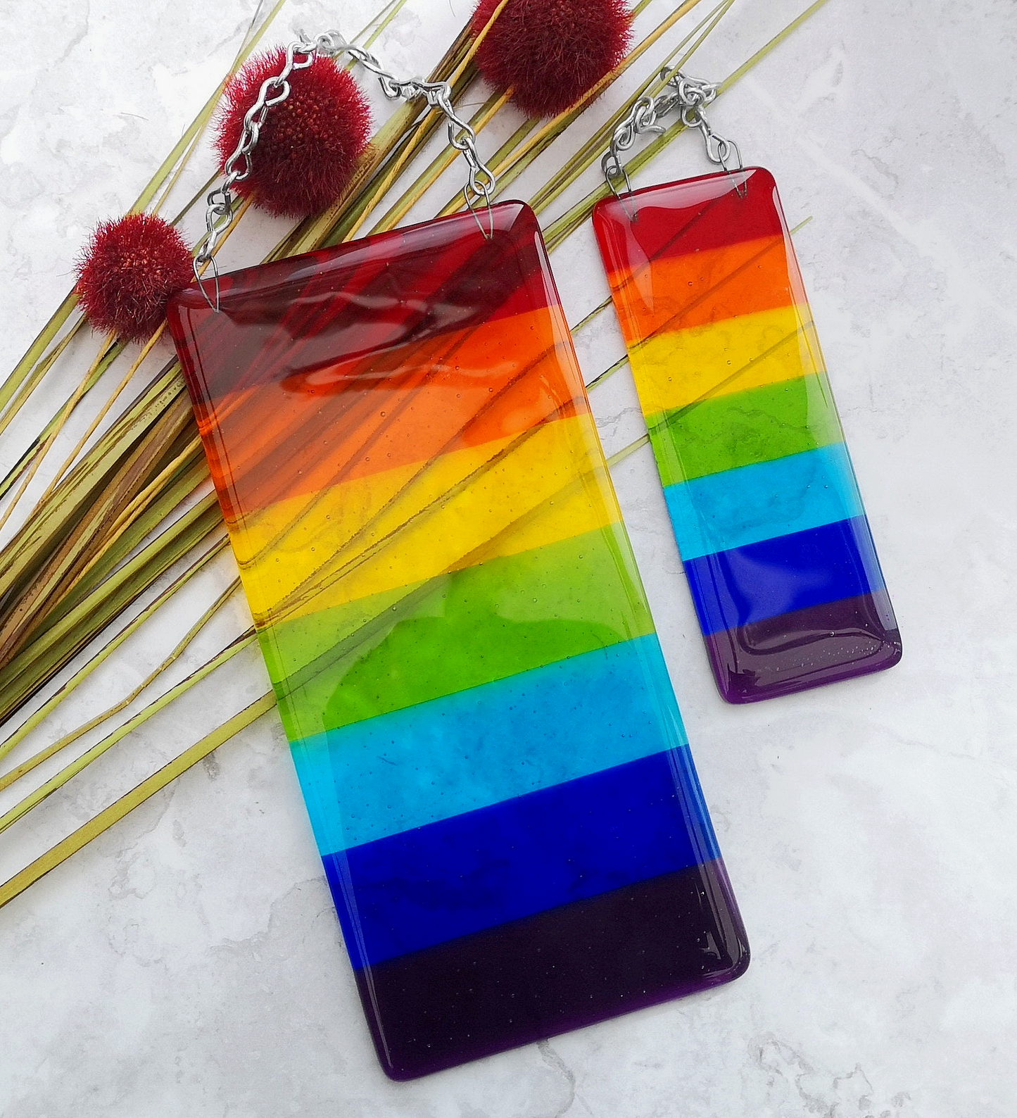 Handmade fused glass Rainbow Striped Hanging Picture / Suncatcher. Brightly coloured glass light catcher, rainbow decor, colourful wall or window art.