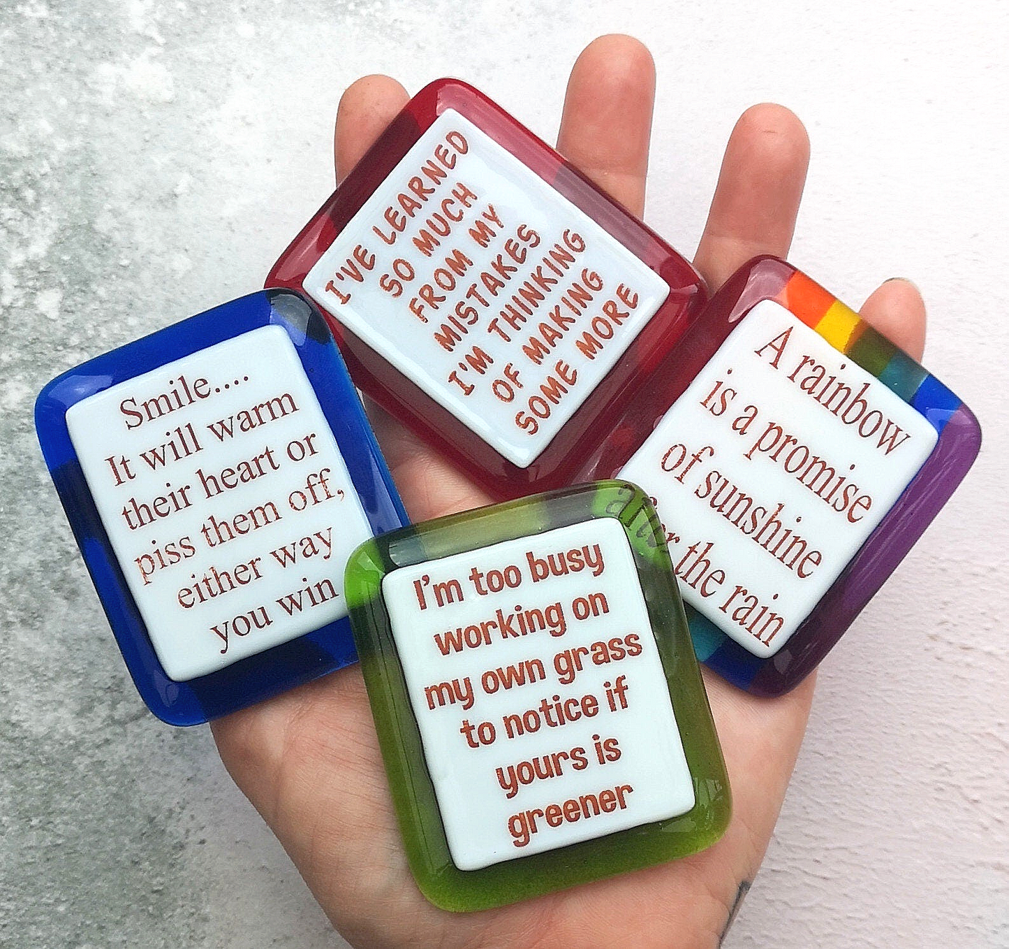 Handmade fused glass humorous phrase / inspirational quote colourful fridge magnet. Magnetic personalised message, funny saying, glass magnet.