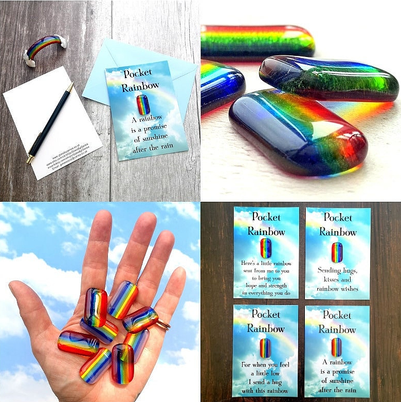 Handmade fused glass pocket heart on a postcard with envelope. 4 different messages to choose from. Pocket hug, wish stone, worry charm, keepsake. Glass heart message gift card, greeting card present. Gift for the friend on-the-mend