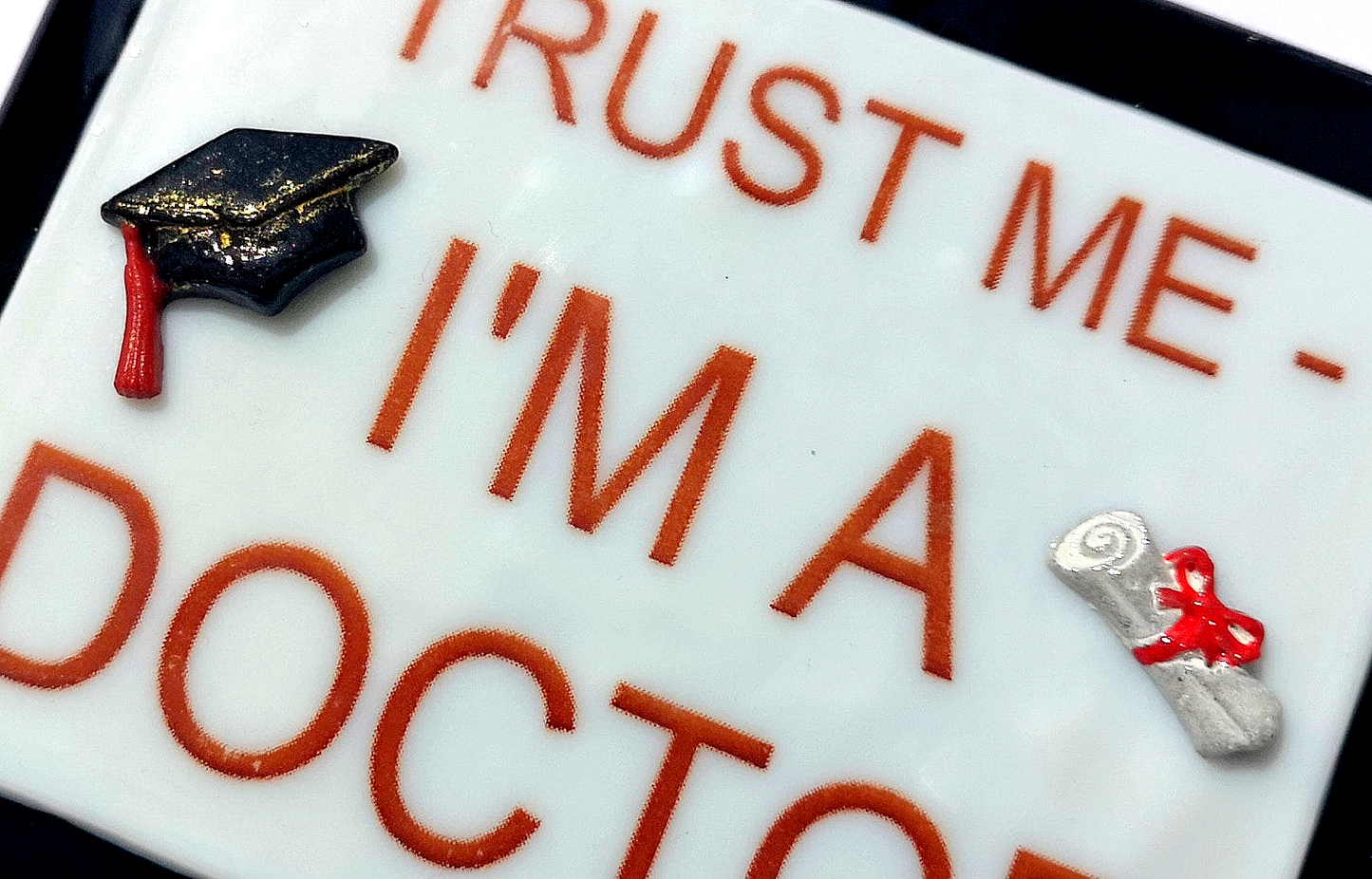 Handmade fused glass 'Trust Me I'm a Doctor' hanging picture. Custom, customised decoration award present. Personalised name gift for graduate, masters, doctorate degree. Name plaque certificate. Congratulations graduation.