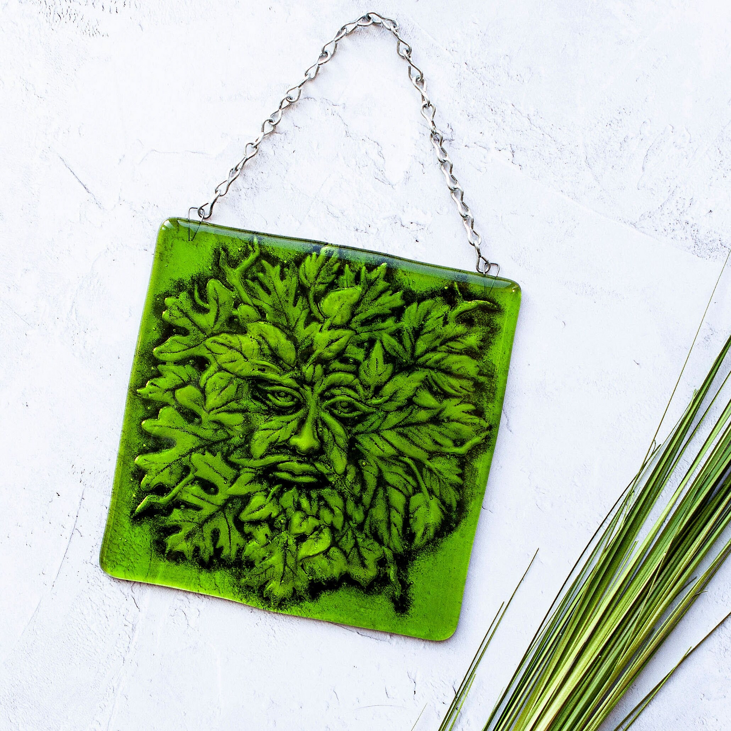 Handmade fused glass Greenman face hanging picture. Leaf man suncatcher, green glass tile plaque. Man of the woods wall art. Nature lover gift. Pagan gift.