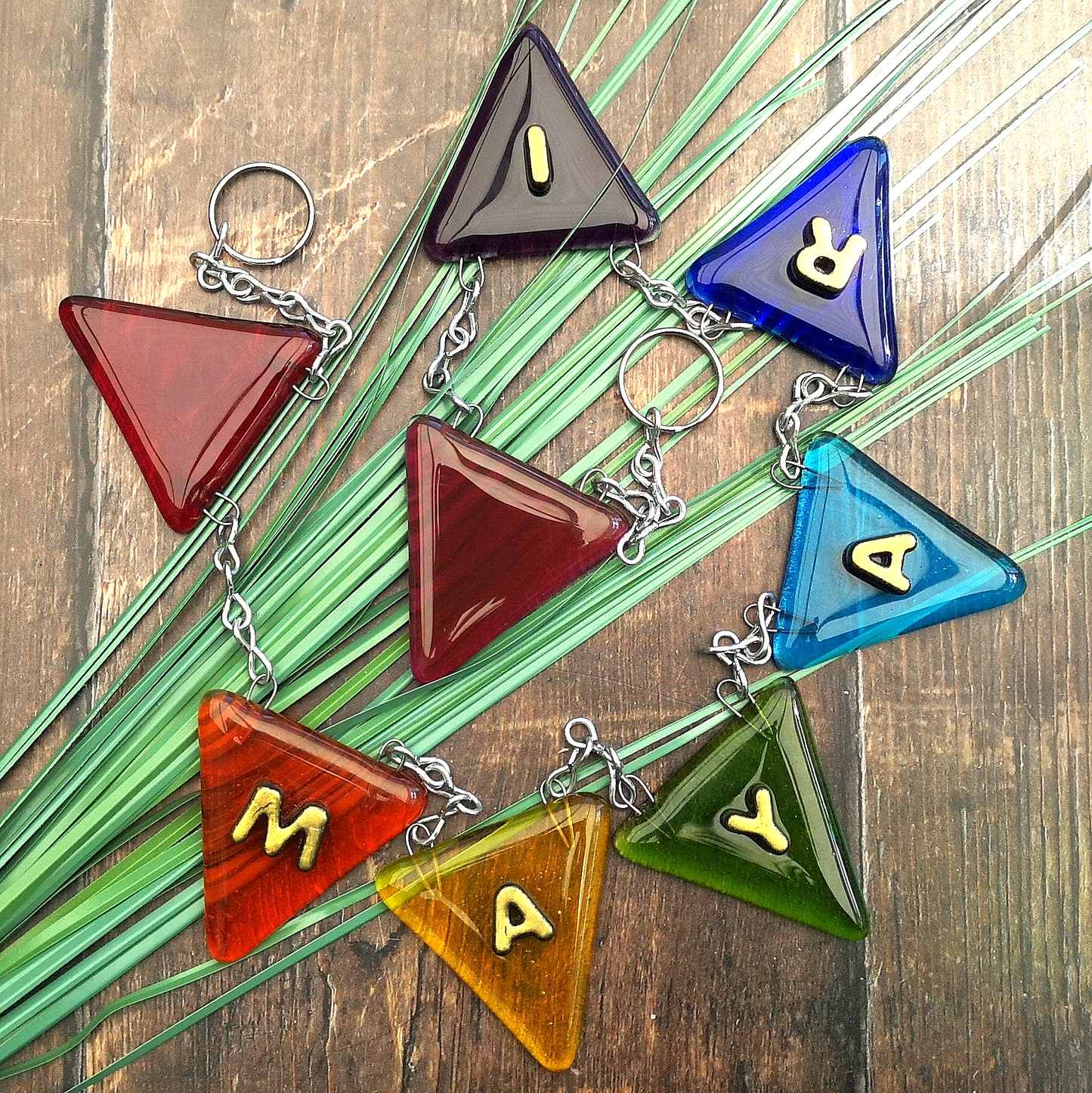 Handmade fused glass personalised name bunting. Customised 3D name plaque. Child's name door sign. Colourful glass bunting, name plate, new baby gift. Expecting Mum present.