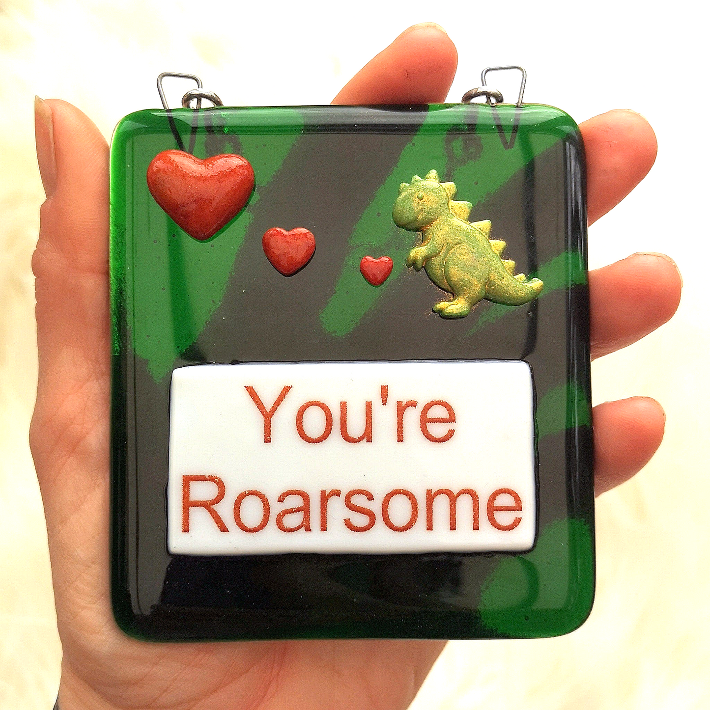 Handmade fused glass Awesome Roarsome Dinosaur Hanging Decoration. Valentine suncatcher gift. Romantic, love, message from the heart present. Girlfriend, boyfriend, partner, husband, wife.