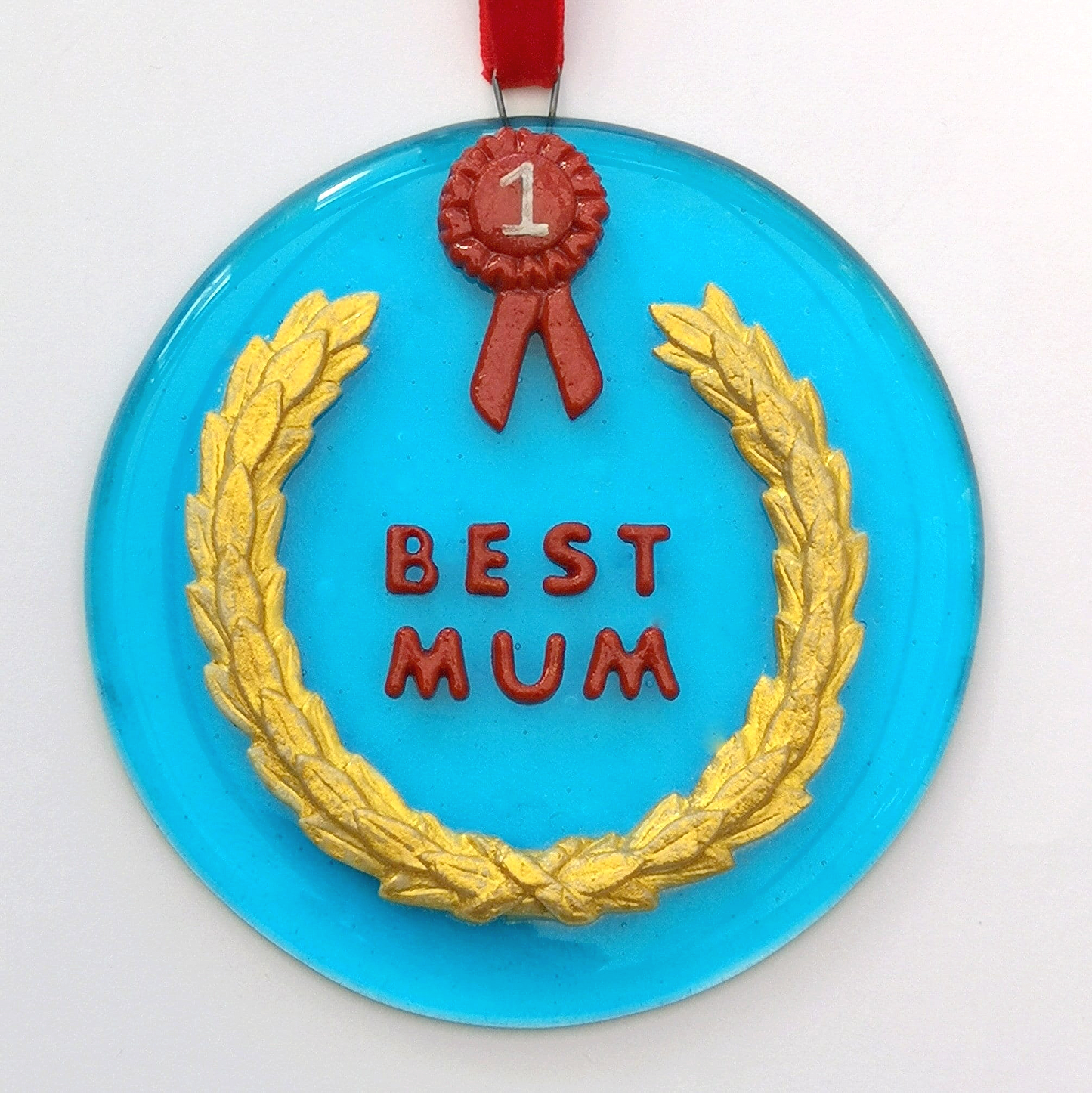 Handmade fused glass 3D Best Mum hanging picture decoration. Suncatcher, Mothers day present, gift for Mum, Dad, Nan, Grandmother. Rosette award.