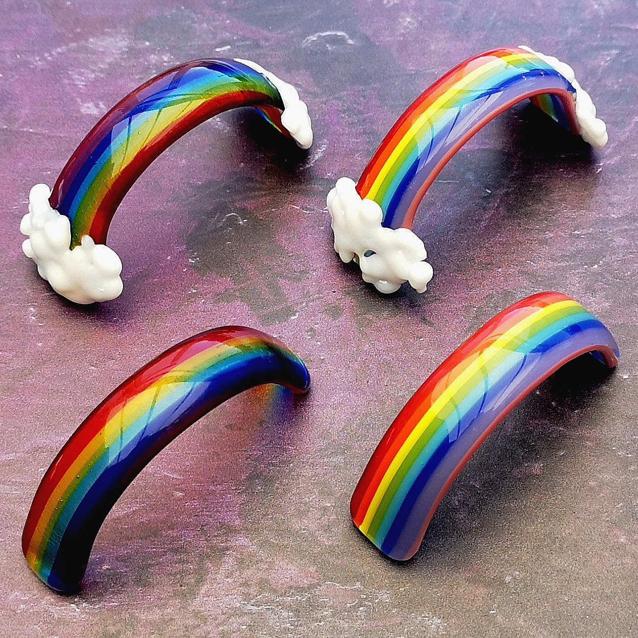 Handmade fused glass curved rainbow bridge with clouds. Free standing personalised 3D name rainbow arch. Brightly coloured glass gift. Suncatcher, light catcher. Gift for pet loss, remembrance.