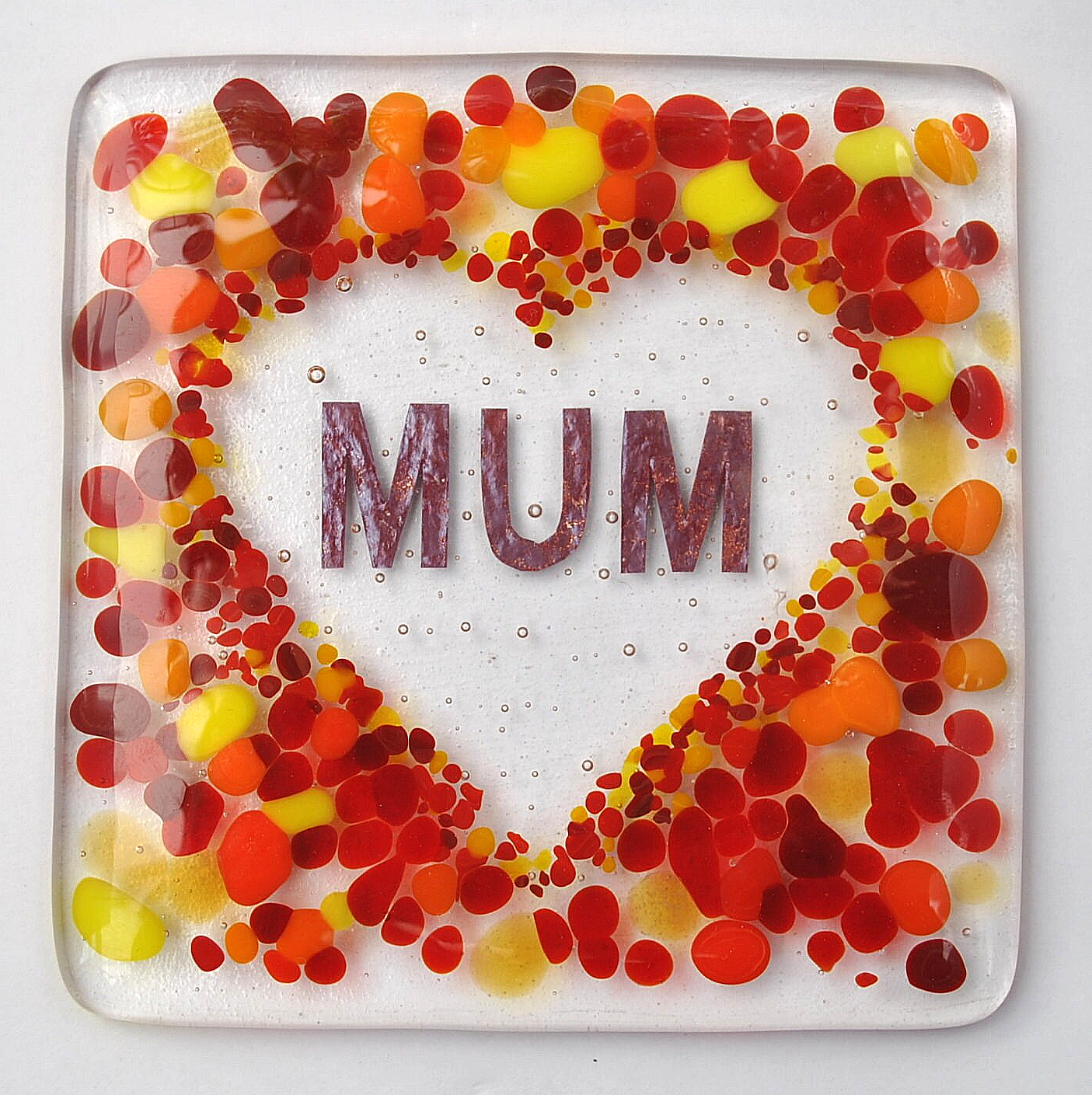 Handmade fused glass mum in a love heart drinks coaster, Mothers day, Mothering Sunday, gift for Mum, Mother present, glass heart design wall tile. Pink, red home decoration, dining table protection.
