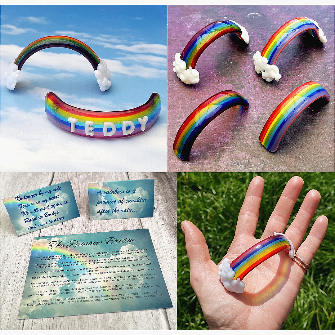 Handmade fused glass curved rainbow bridge with clouds. Free standing personalised 3D name rainbow arch. Brightly coloured glass gift. Suncatcher, light catcher. Gift for pet loss, remembrance.