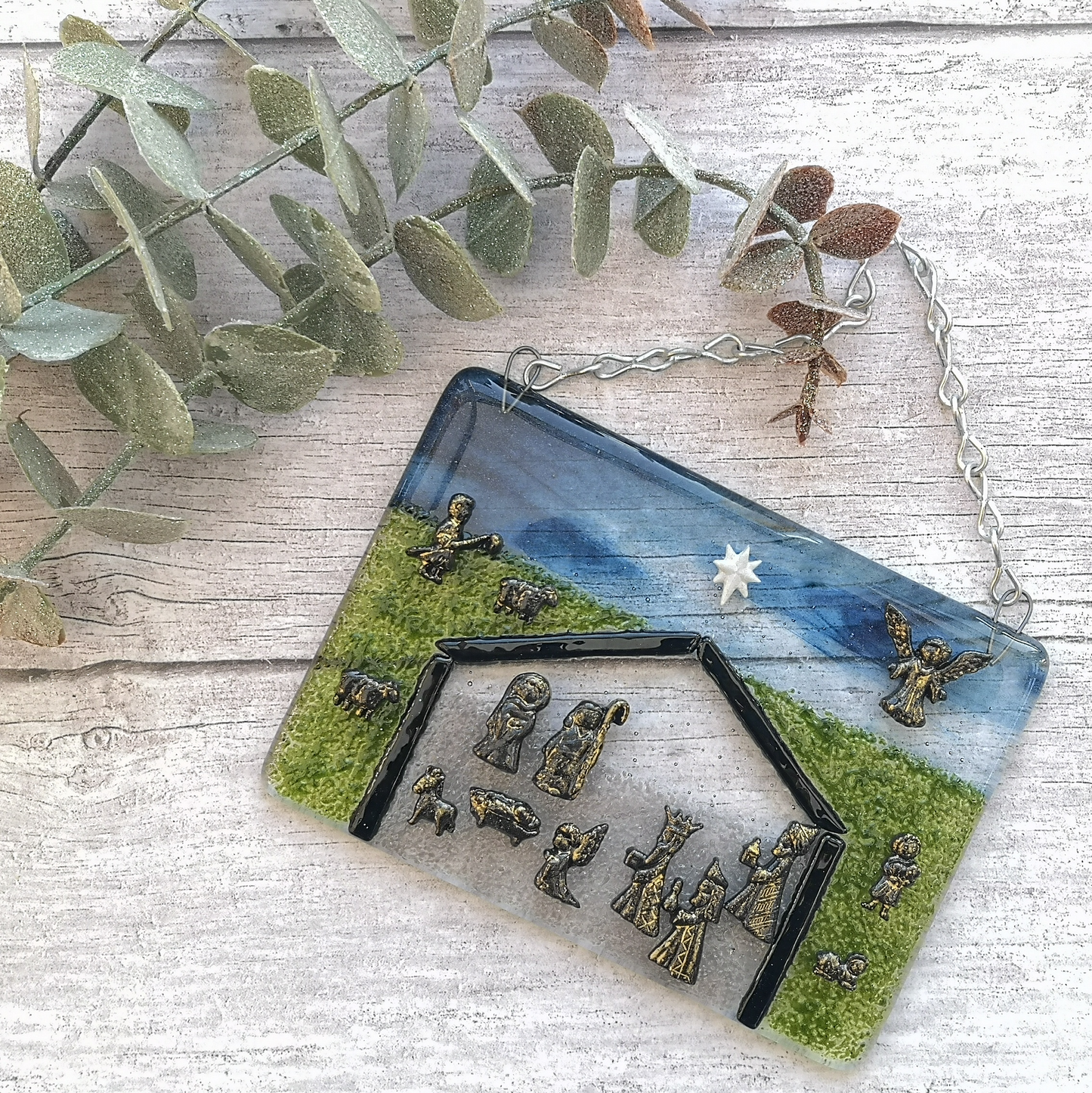 Handmade fused glass nativity scene hanging picture or free standing wooden frame. Decoration ornament, Christmas decor, festive gift, present. 3 wise men, baby Jesus in a manger.