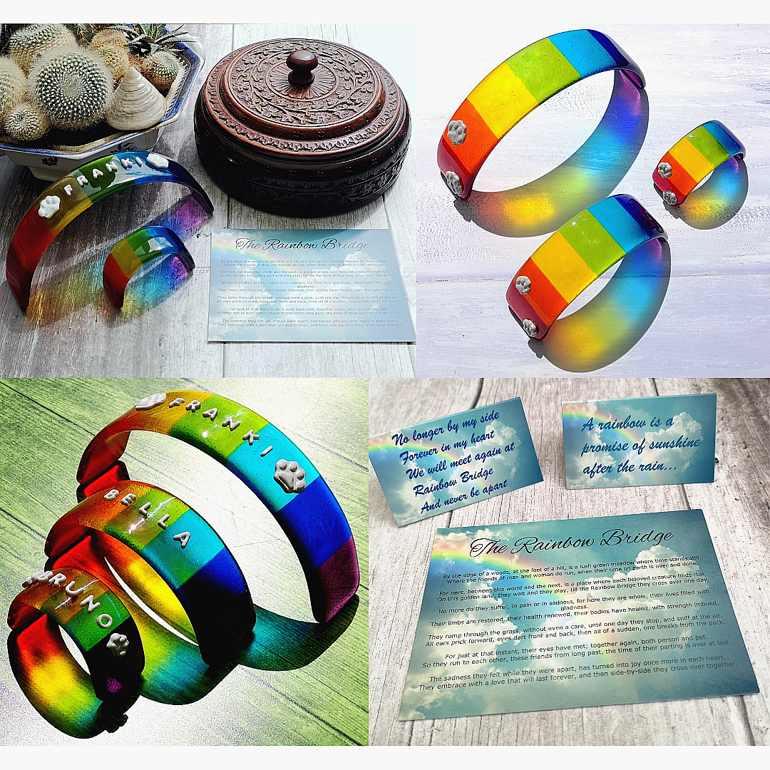 Handmade fused glass curved rainbow bridge. 3D pet paw prints. Free standing rainbow arch. Brightly coloured glass gift. Suncatcher, light catcher. Gift for pet loss, remembrance.