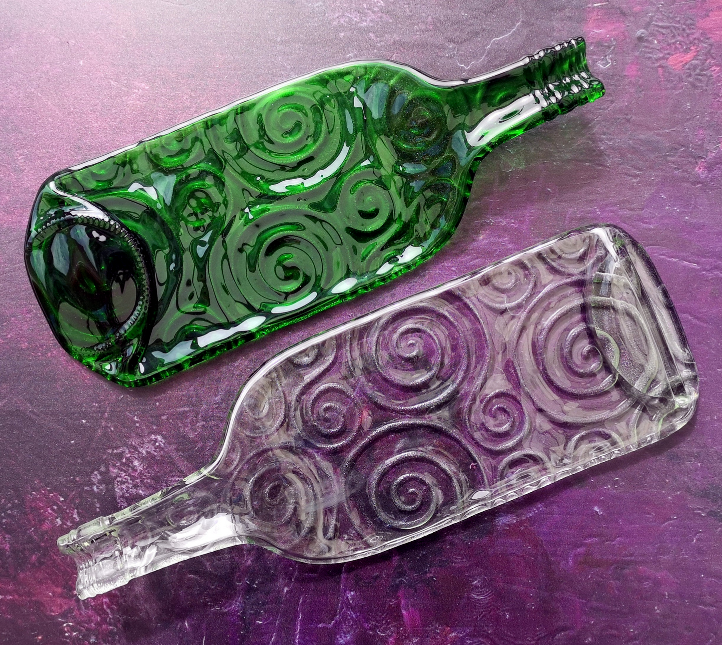 Handmade fused glass Recycled Wine Bottle Plate or Spatula Shape With Raised Neck Handle & Spiral Pattern. Squashed, slumped bottle serving dish. Eco gift, zero waste, reclaimed, upcycled glass platter.