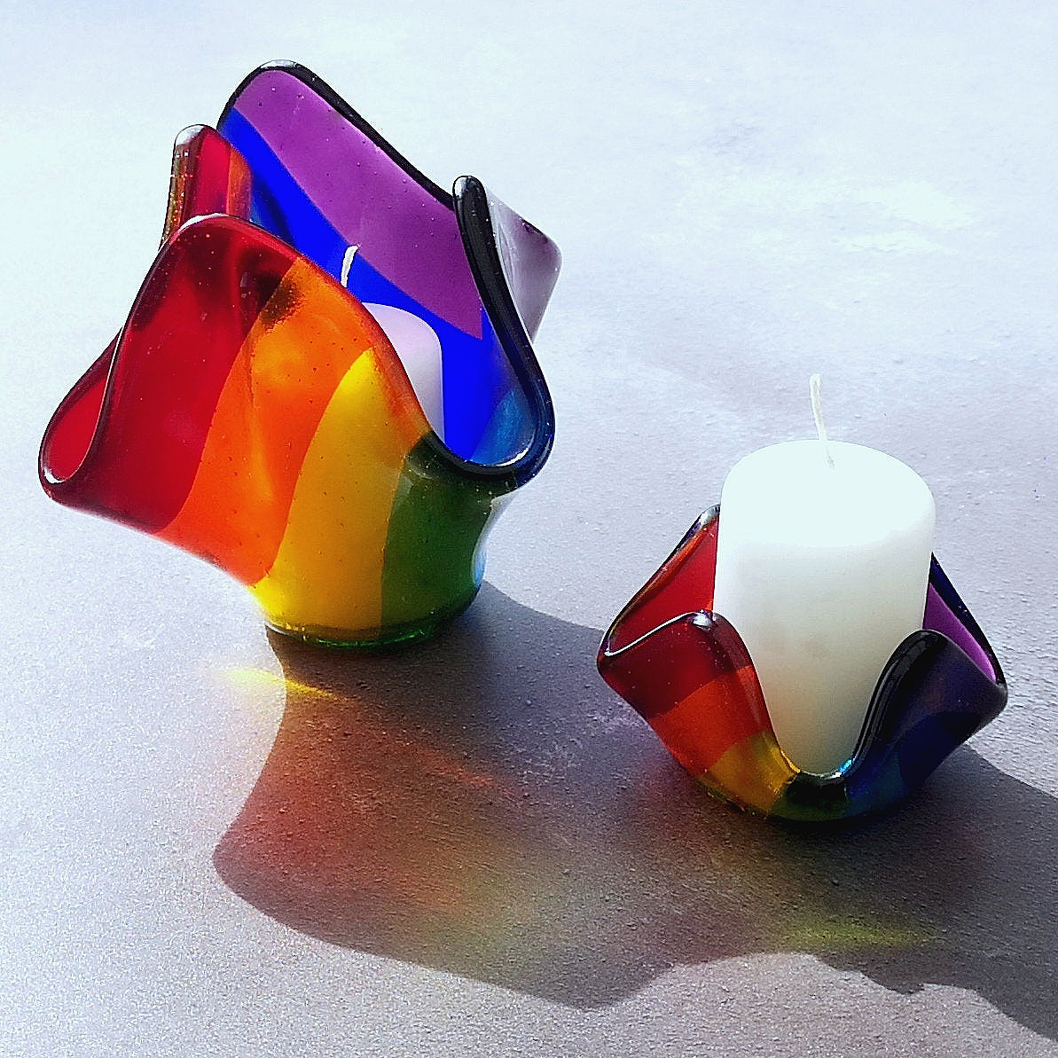 Handmade fused glass rainbow tealight candle holder. 3D pet paw prints. Personalised 3D name. Brightly coloured glass gift. Suncatcher, light catcher. Gift for pet loss, remembrance.