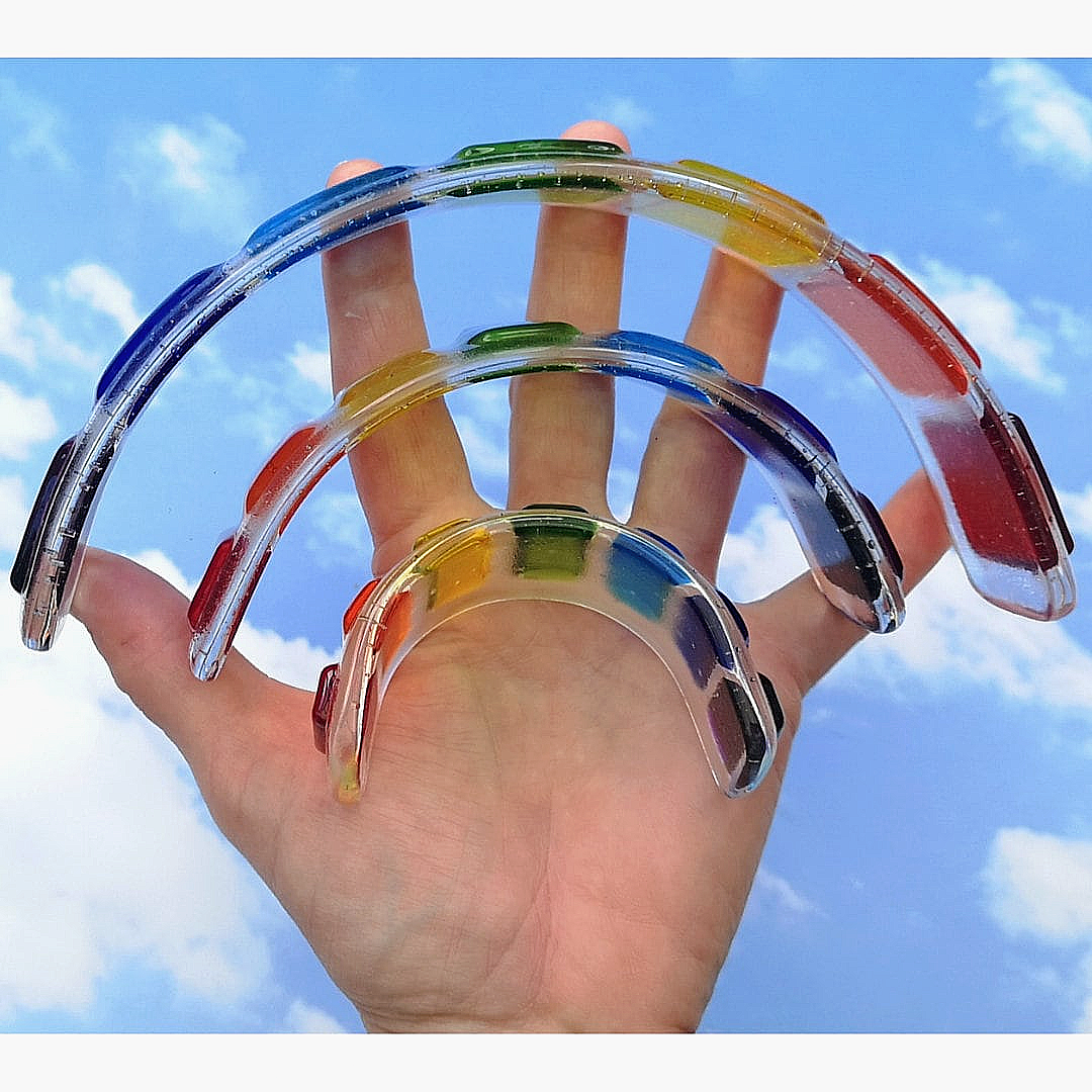 Handmade fused glass curved rainbow bridge. 3D pet paw prints. Free standing rainbow arch, rainbow steps. Brightly coloured glass gift. Suncatcher, light catcher. Gift for pet loss, remembrance.