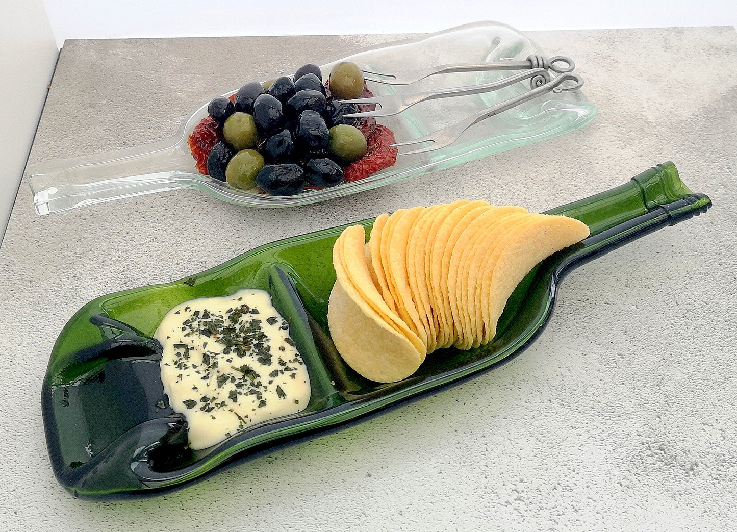 Handmade fused glass Two Part, Split Section Recycled Wine Bottle Dish. Squashed, slumped bottle serving plate. Eco gift, zero waste, reclaimed, upcycled glass bowl. Dual condiment.