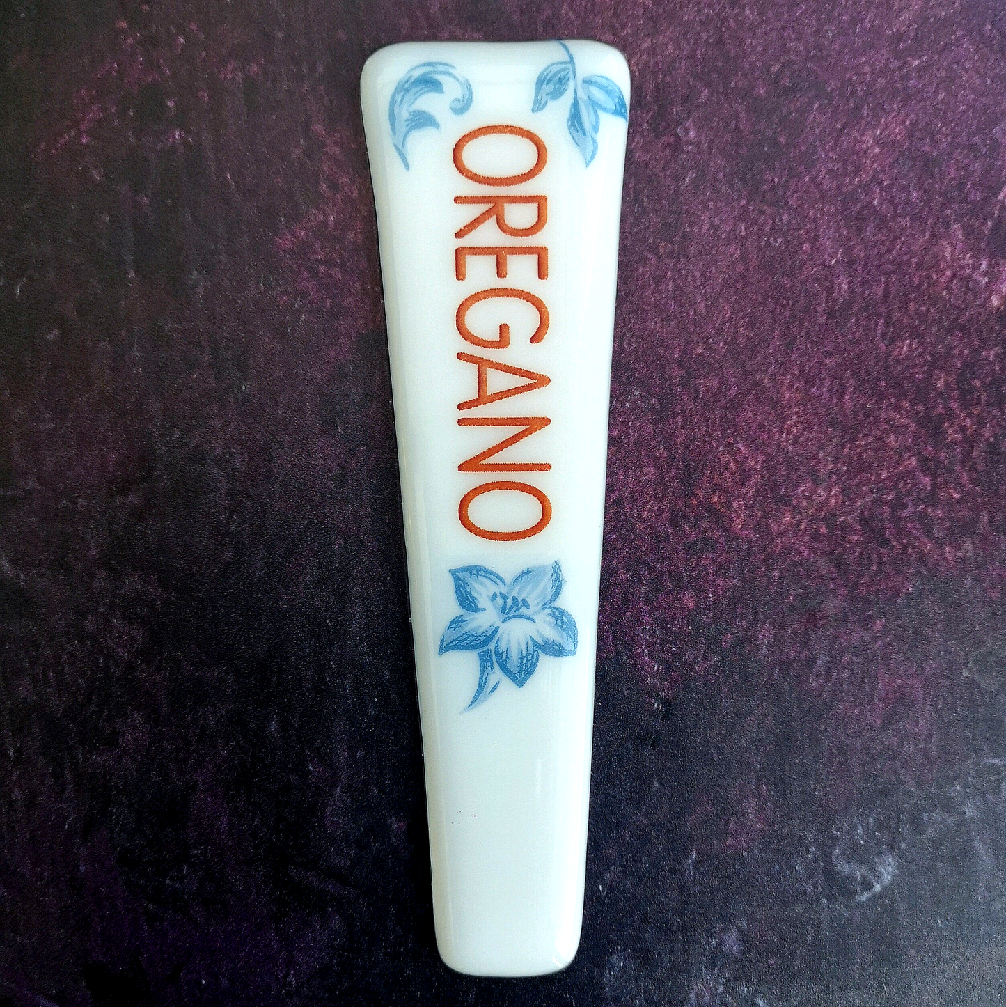 Handmade fused glass personalised white with blue flowers plant label. Ornate plant marker. Garden plant name stake. Herb, vegetable, flower, fruit name.