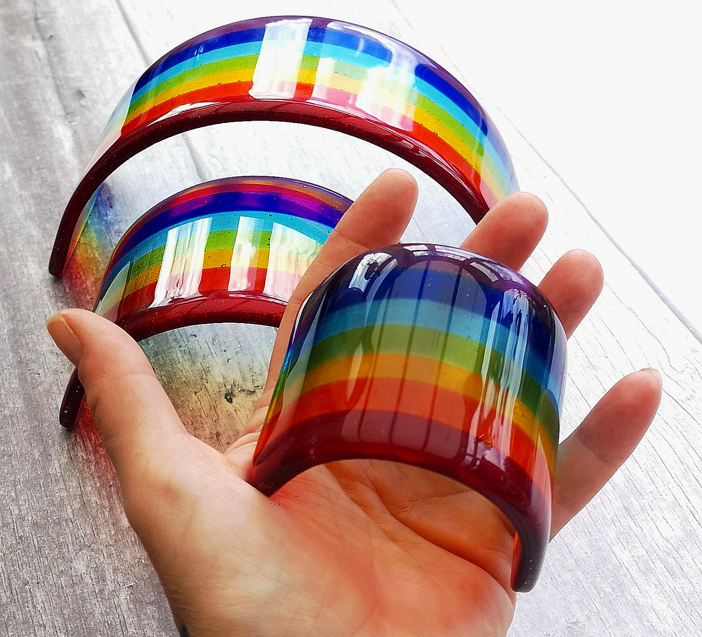 Handmade fused glass curved rainbow bridge. Free standing rainbow arch. Brightly coloured glass gift. Suncatcher, tealight candle surround. Gift for pet loss, remembrance.