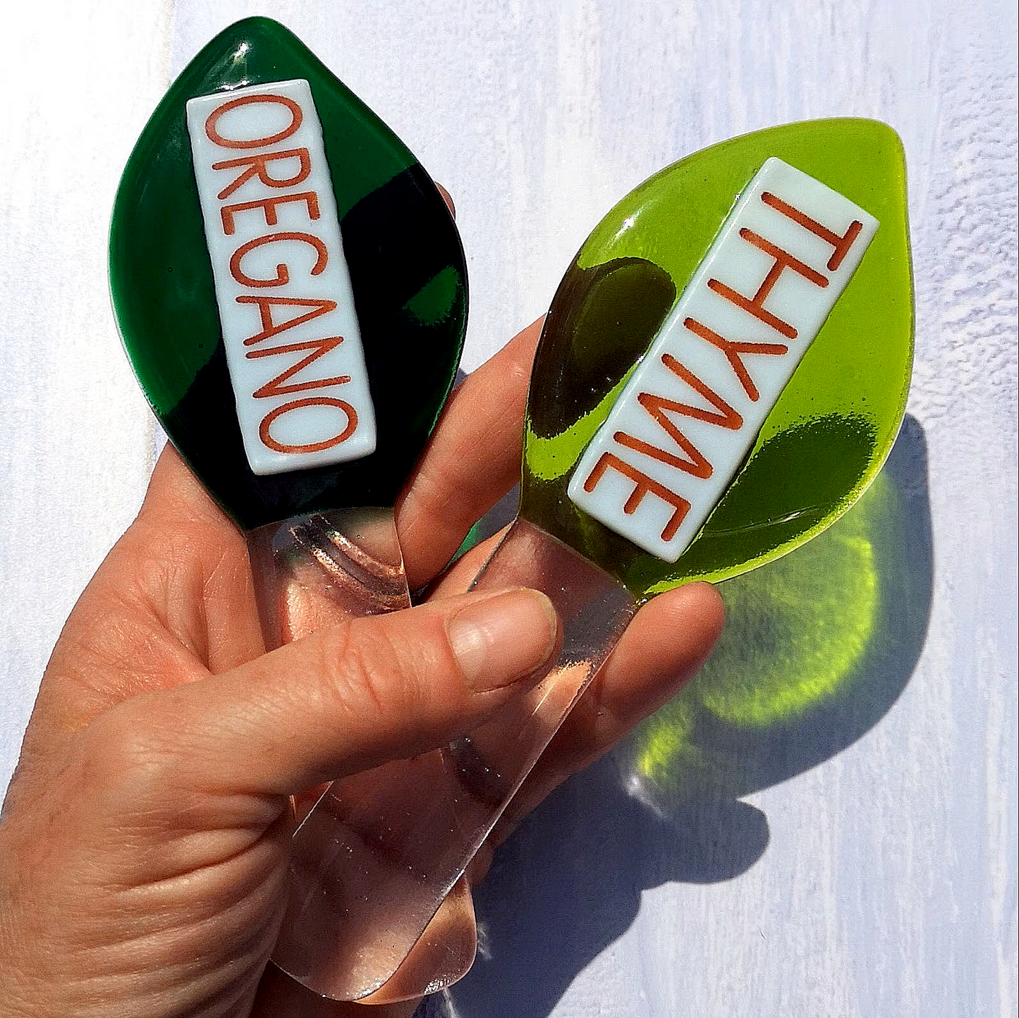 Handmade fused glass personalised plant label. Colourful plant marker. Leaf shaped garden plant stake. Herb, vegetable, flower, fruit name.