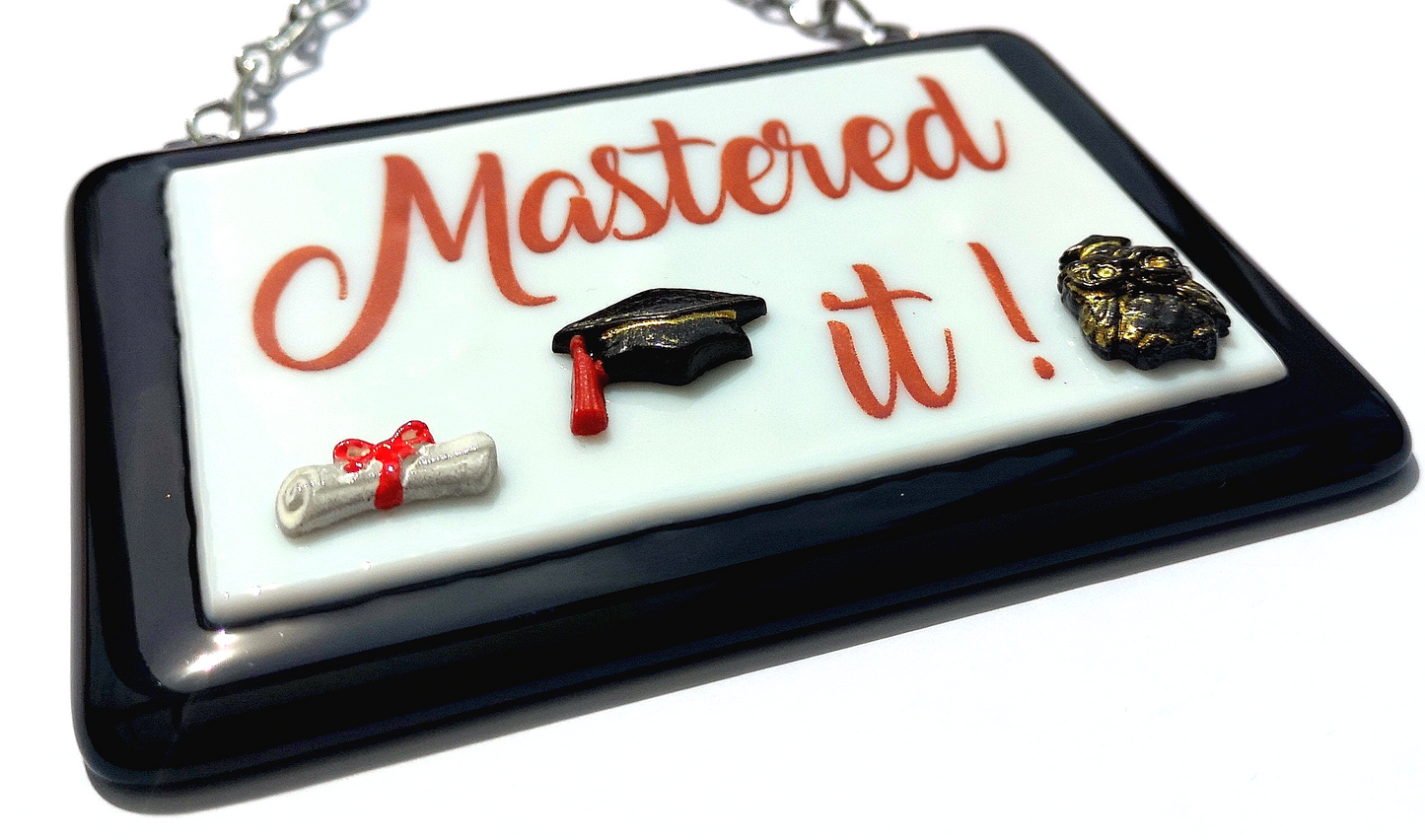Handmade fused glass 'Mastered It' hanging picture. Custom, customised decoration award present. Personalised name gift for graduate, masters, doctorate degree. Name plaque certificate. Congratulations graduation.