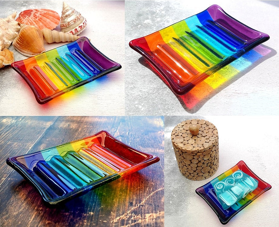 Handmade fused glass soap dish with rainbow colours. Rainbow striped colourful glass soap holder. Brightly Coloured Gift.