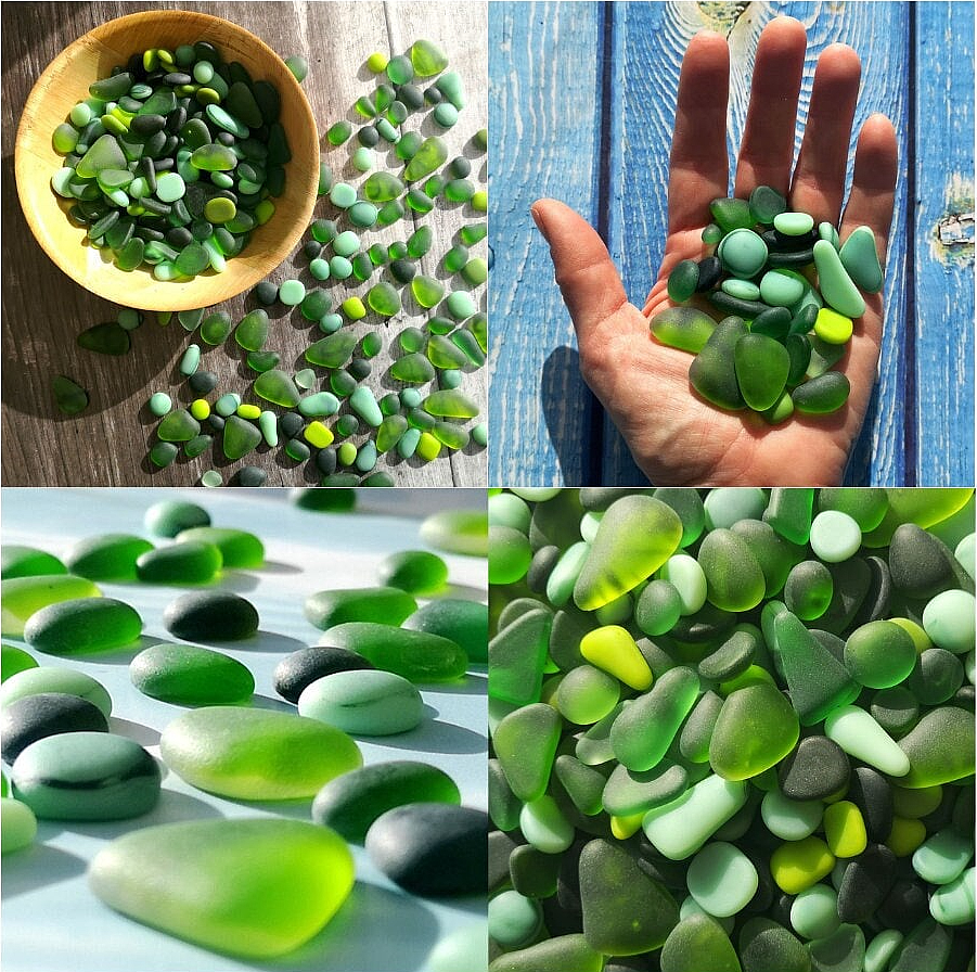 Assorted tumbled glass pieces in vibrant green colours, displayed spread out, showcasing their mixed sizes and frosted, weathered sea glass texture