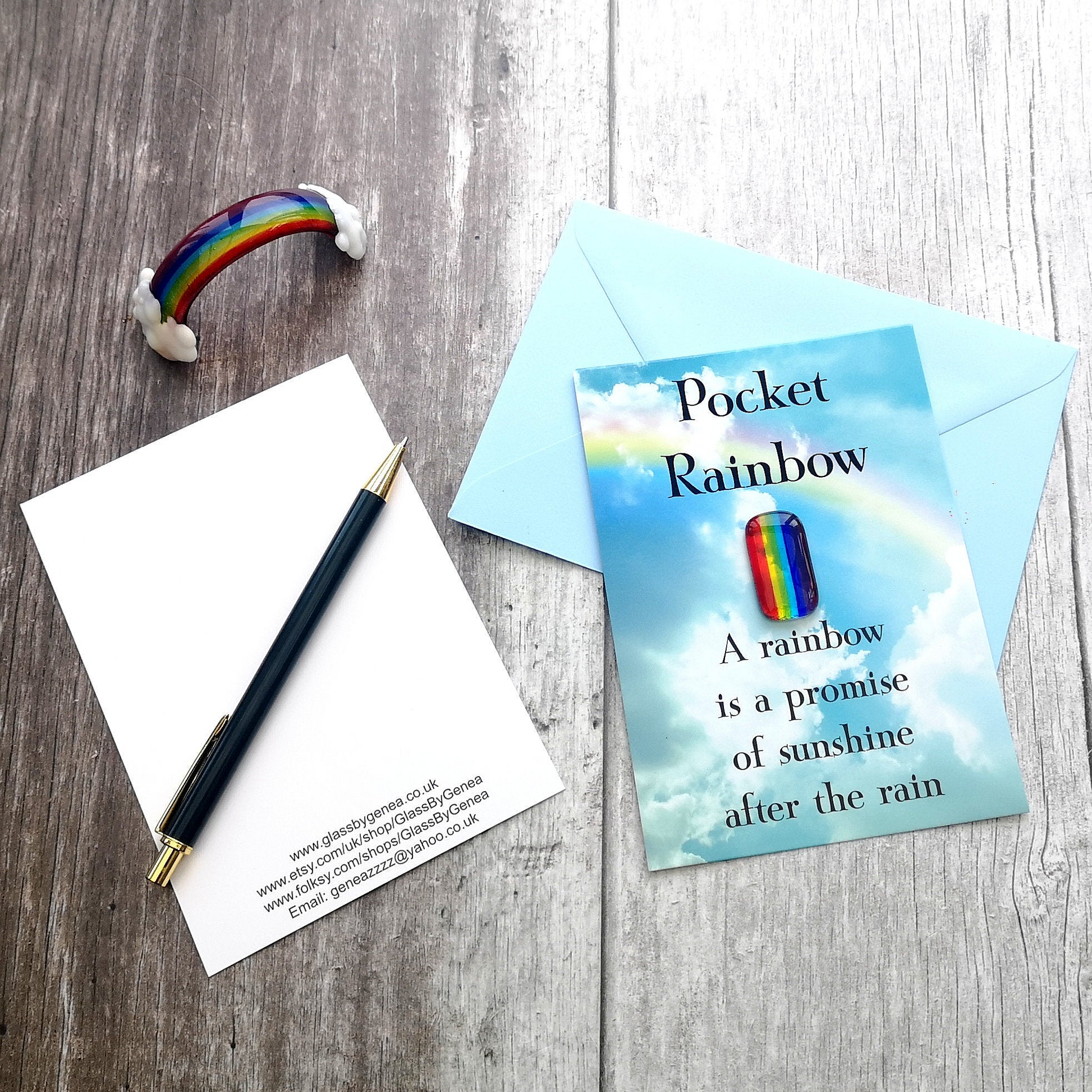 Handmade fused glass pocket rainbow on a postcard with envelope. 4 different messages to choose from. Pocket hug, wish stone, worry charm, keepsake. Glass rainbow message gift card, greeting card present.