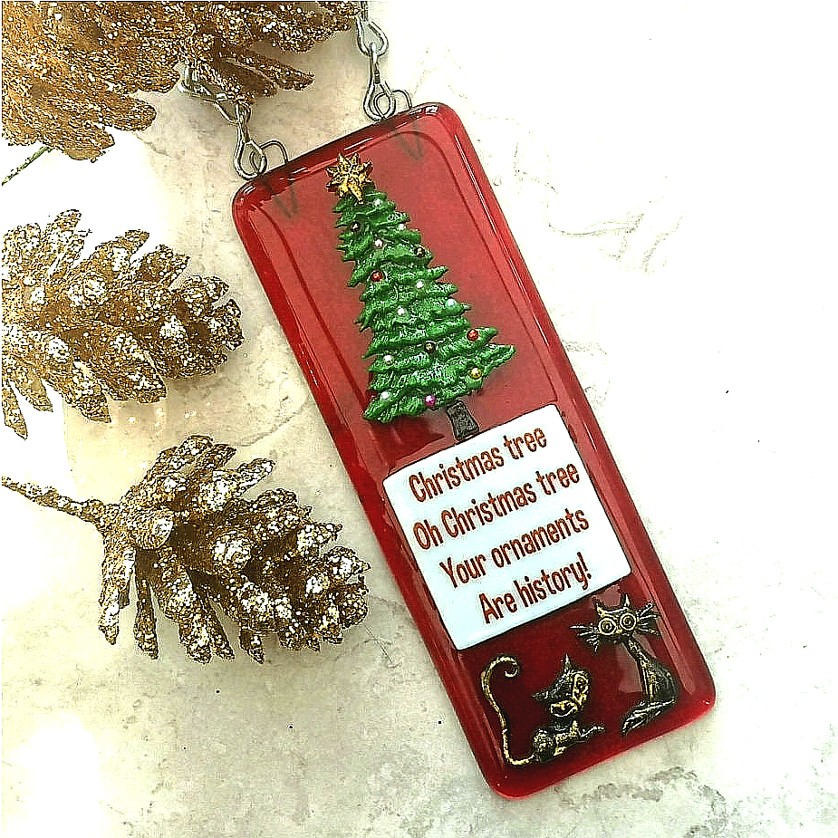 Handmade fused glass 3D Christmas cat hanging decoration, picture suncatcher, funny, humorous ornament, holiday decor, Oh Christmas tree bauble gift, festive present, pet cat lover.