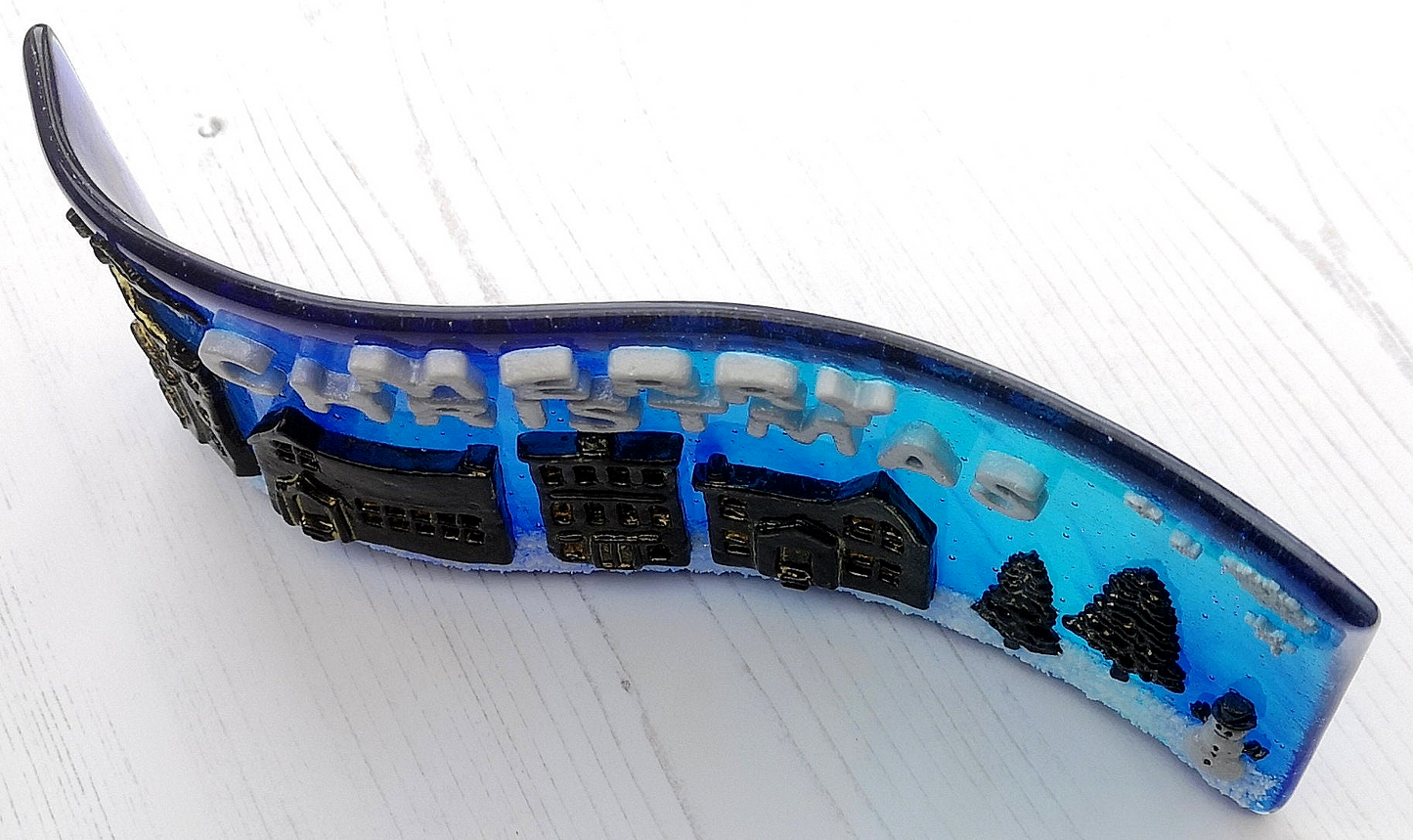 Handmade fused glass 3D merry Christmas free standing curved picture decoration, festive present, santa sleigh reindeer roof top snowy Xmas scene