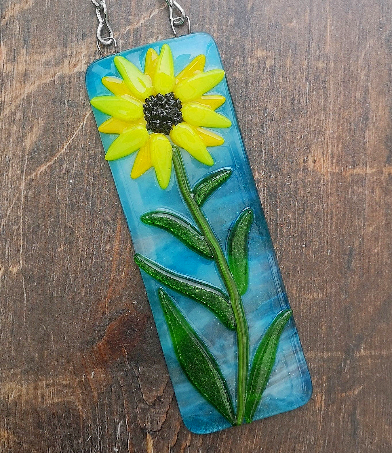Handmade 3D fused glass Sunflower Hanging Picture, suncatcher. Floral decoration, ornament, flower wall art, garden picture gift.