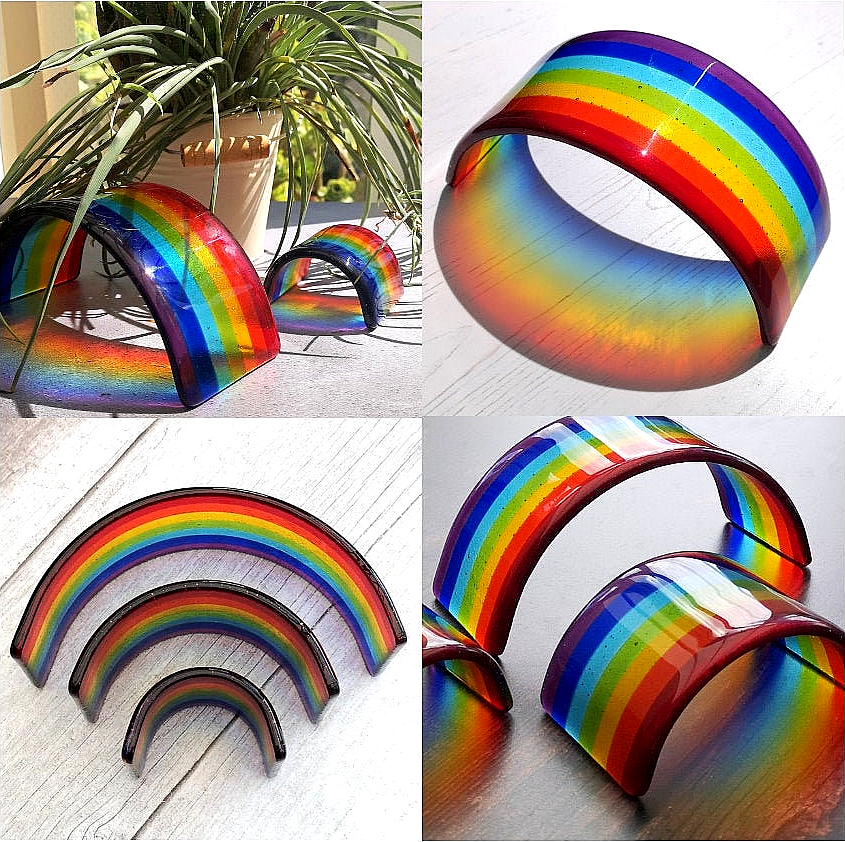 Handmade fused glass curved rainbow bridge. Free standing rainbow arch. Brightly coloured glass gift. Suncatcher, tealight candle surround. Gift for pet loss, remembrance.