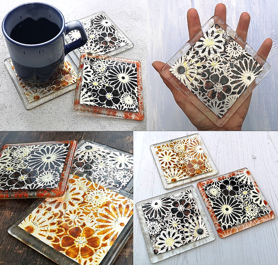 Handmade fused glass flowers on silver drinks coaster. Flower pattern design, glass tile art, hot drink table mat, floral nature gift. Embedded pure silver foil, wall tile home decoration, dining table protection.
