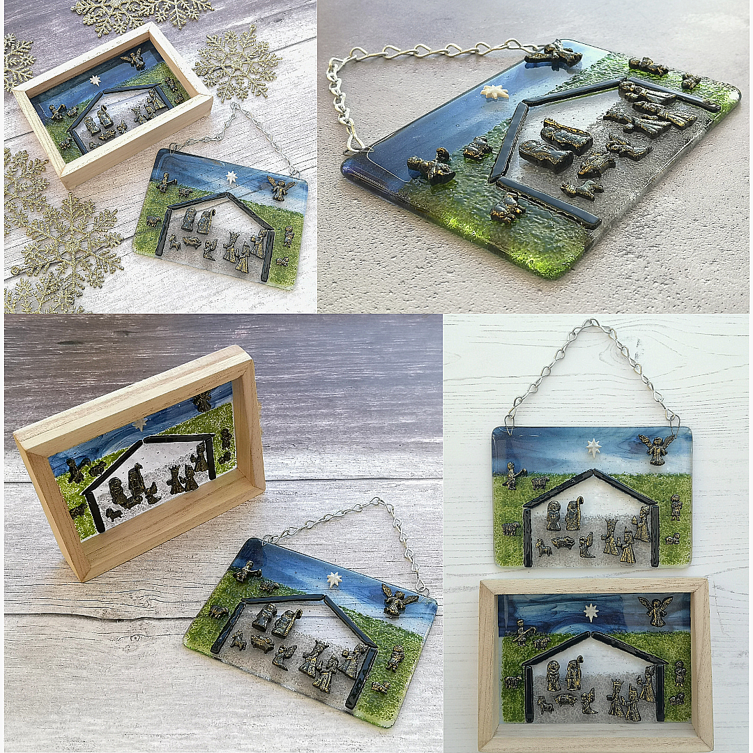 Handmade fused glass nativity scene hanging picture or free standing wooden frame. Decoration ornament, Christmas decor, festive gift, present. 3 wise men, baby Jesus in a manger.