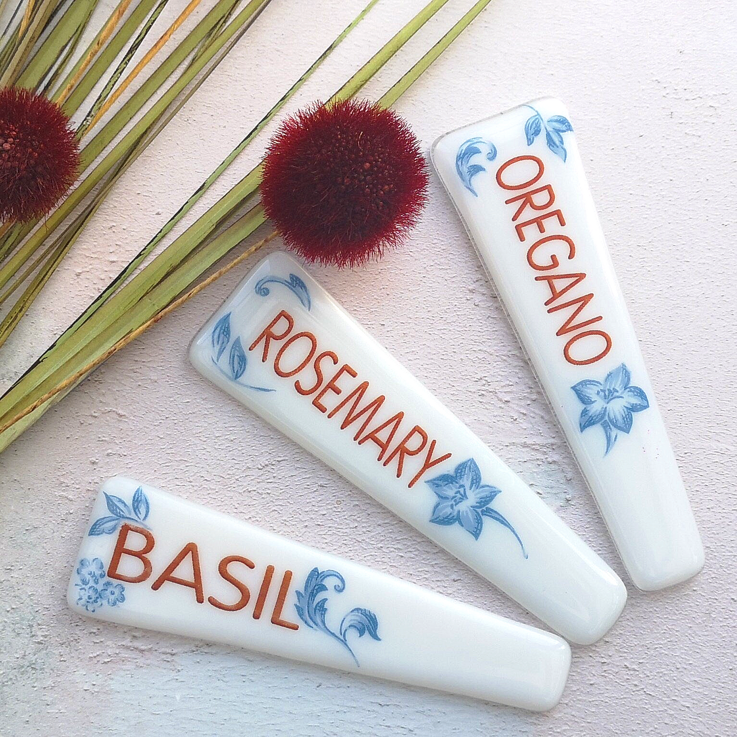 Handmade fused glass personalised white with blue flowers plant label. Ornate plant marker. Garden plant name stake. Herb, vegetable, flower, fruit name.