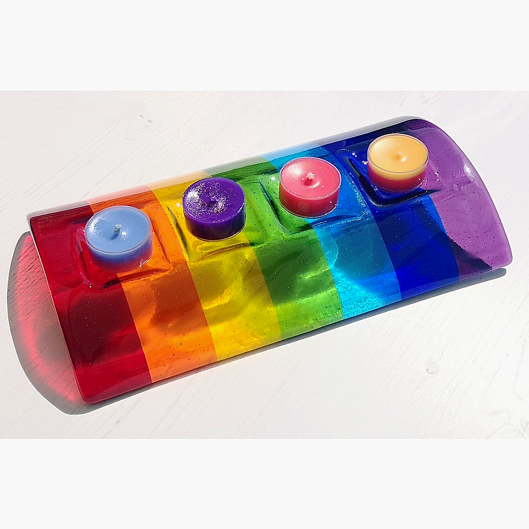 Handmade fused glass curved rainbow bridge candle holder. Free standing rainbow arch tealight candle holder. Brightly coloured glass gift. Suncatcher, light catcher. Gift for pet loss, remembrance.