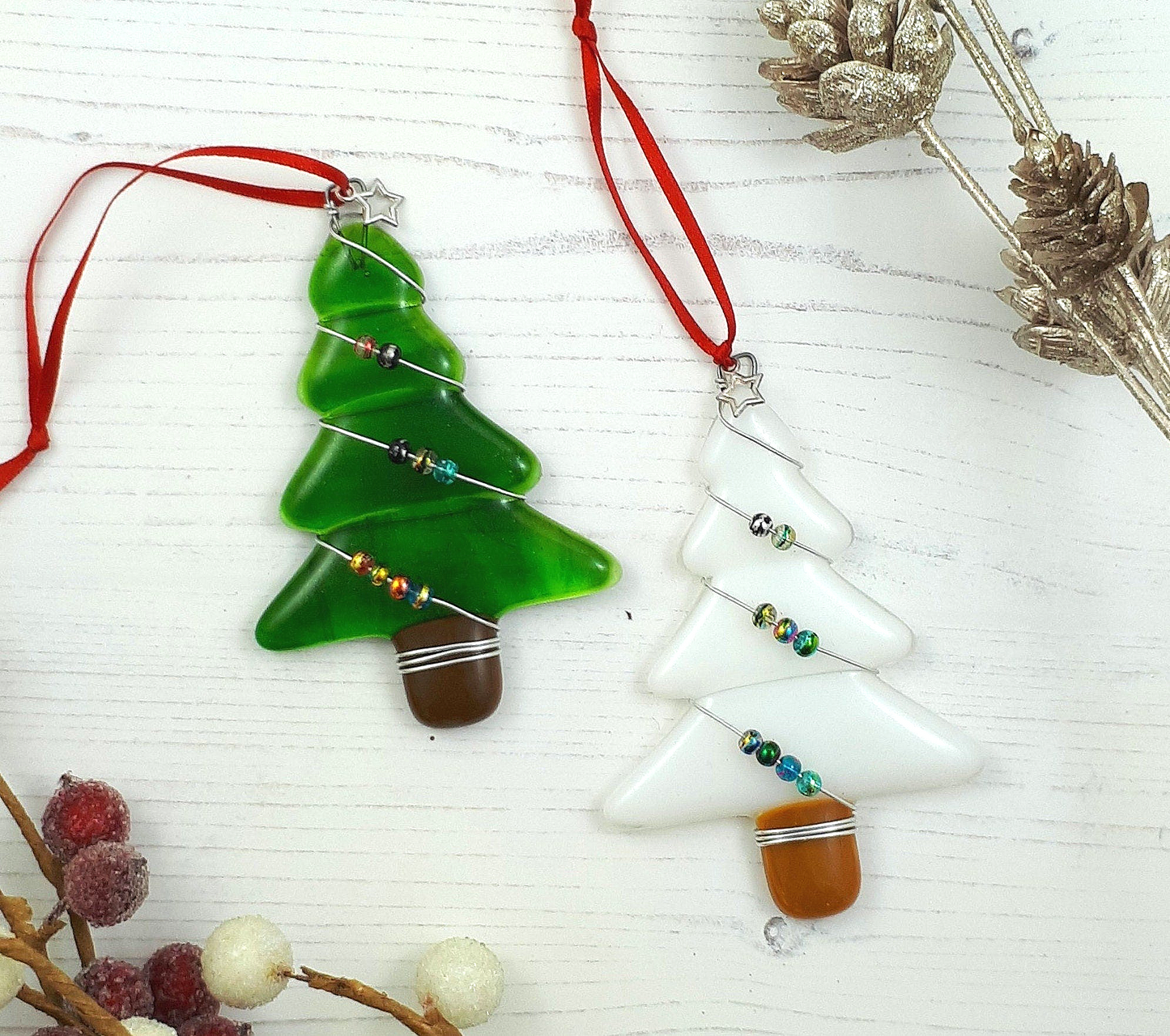 Handmade fused glass Christmas tree hanging decoration, wire wrapped glass beads, Xmas tree ornament, holiday decor, Christmas gift, festive present
