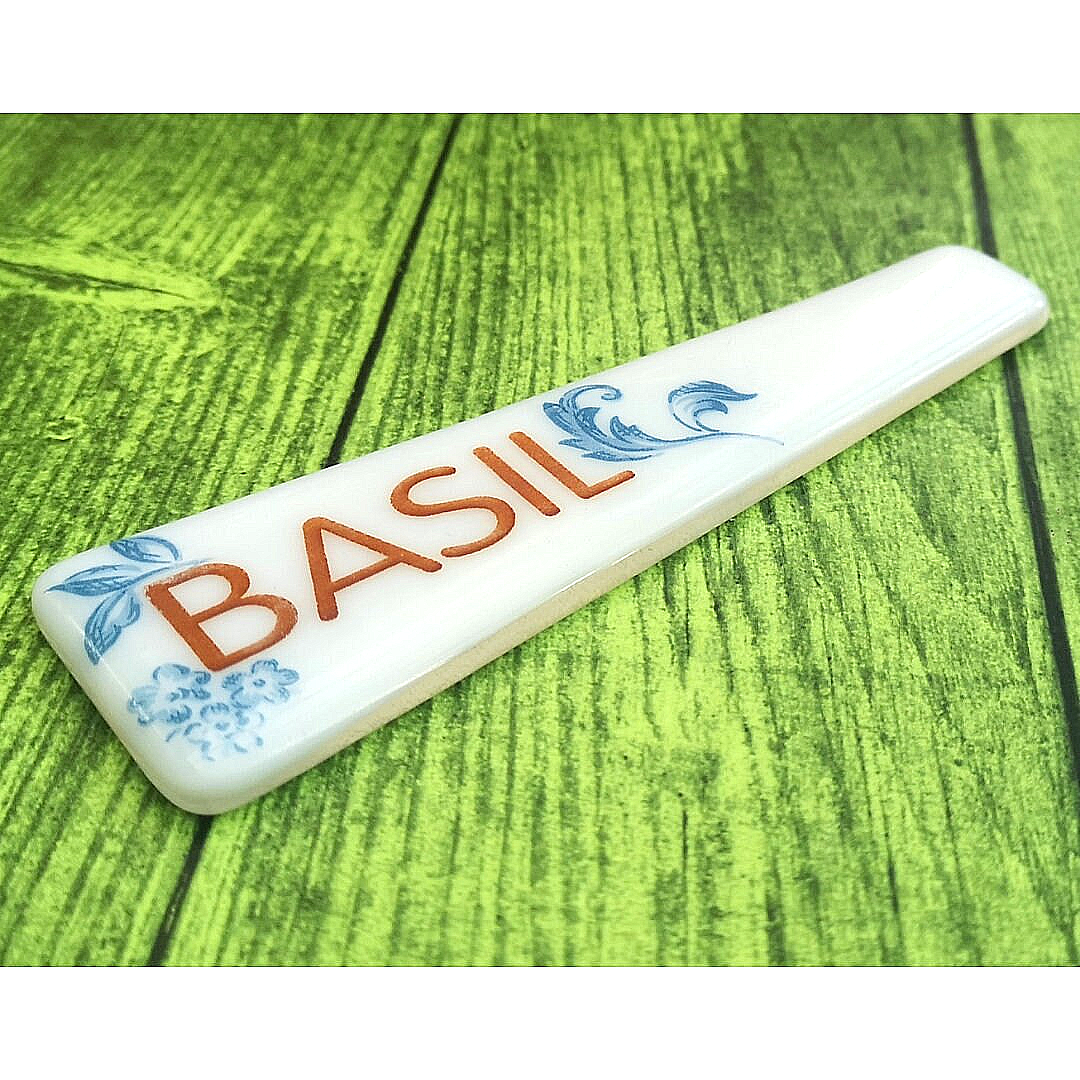Handmade fused glass personalised white with blue flowers plant label. Ornate plant marker. Garden plant name stake. Herb, vegetable, flower, fruit name.