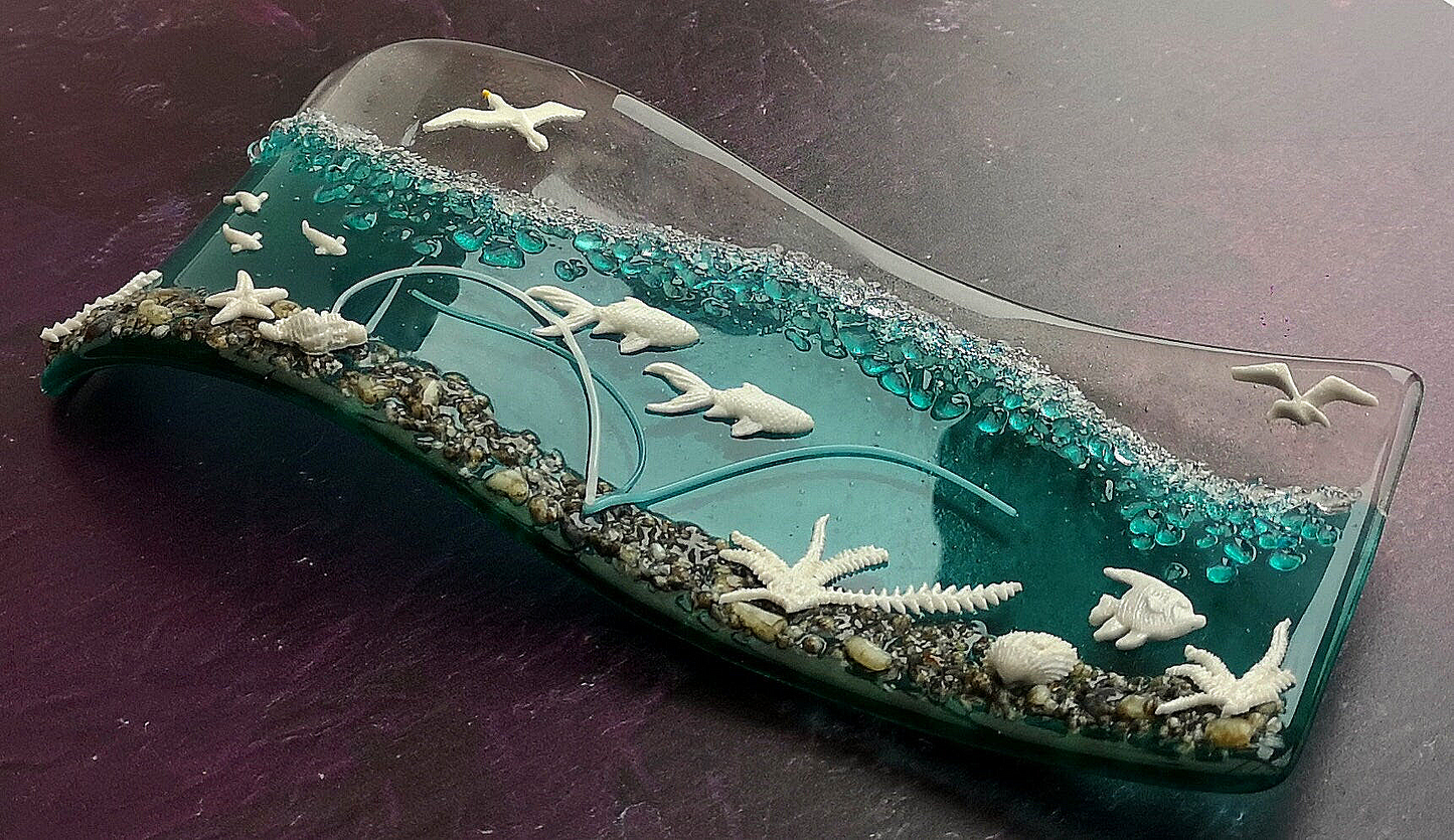 Handmade fused glass 3D Under The Sea free standing curved picture, suncatcher. Ocean art, nature, nautical gift decoration, glass fish, wave, sea shells.